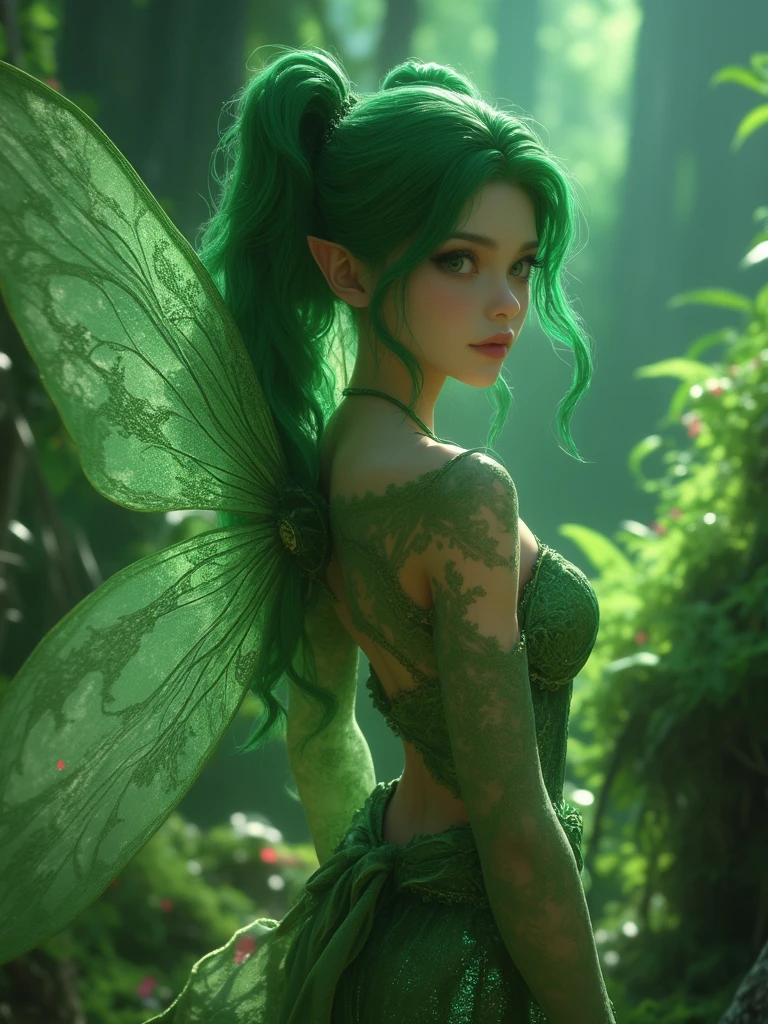 Real person, HD, charming elf, proud, slender body, sexy and feminine, clothes: (green tulle skirt, light color), background: (dark tone, blurred background, smoky and blend with nature)