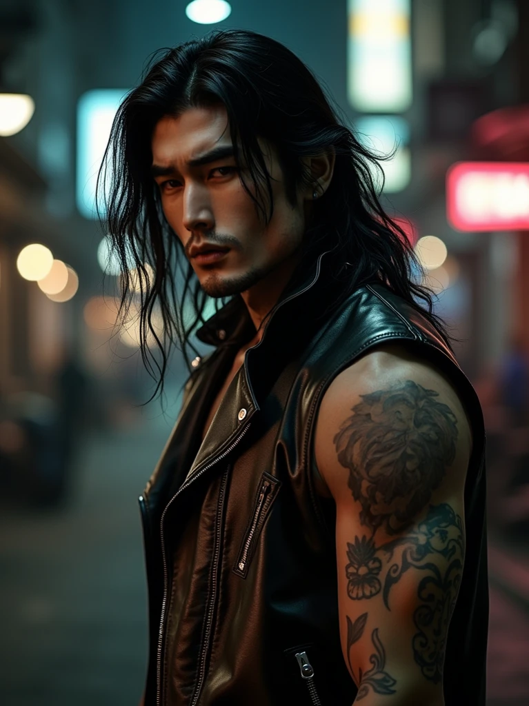 A photo of extremely handsome young men, 15 years old, muscular, tattooed, wearing necklaces, long hair, gangster style, romantic, Hong Kong cinema, street scene. Eyes are filled with sadness and desire to rise. Violent background, smoke and fire. Cinematic lighting, high detail, 8K, artstation, conceptual art, dark fantasy. Photo taken with Canon EOS R5 85mm f/11 camera, ((sharp)) mode of people and surroundings. Image quality ((8K)), ((realistic)), ((masterpiece)), ((sharpest and highest contrast)), ((excellent depth of field)), ((stereoscopic lighting)), ((angry, ferocious )), detailed pores, ((Direct light on the face)), bright sunlight. (((Wearing a sword on his back))), (((holding a sword on his hand)))