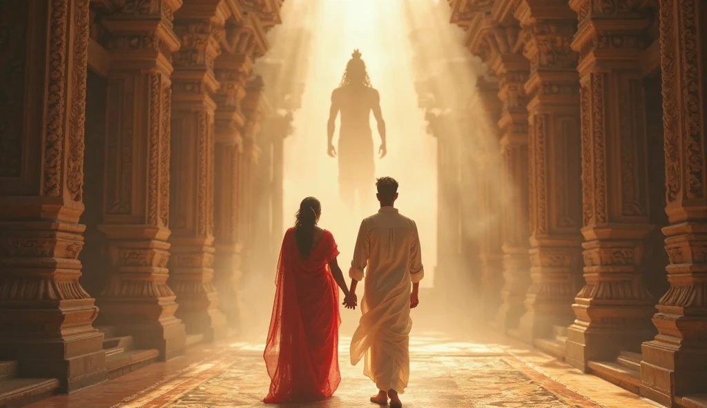 Create an AI image of man wearing white shirt and dhoti and woman wearing saree ...Both of them holding the hands beside lord Shiva statue.