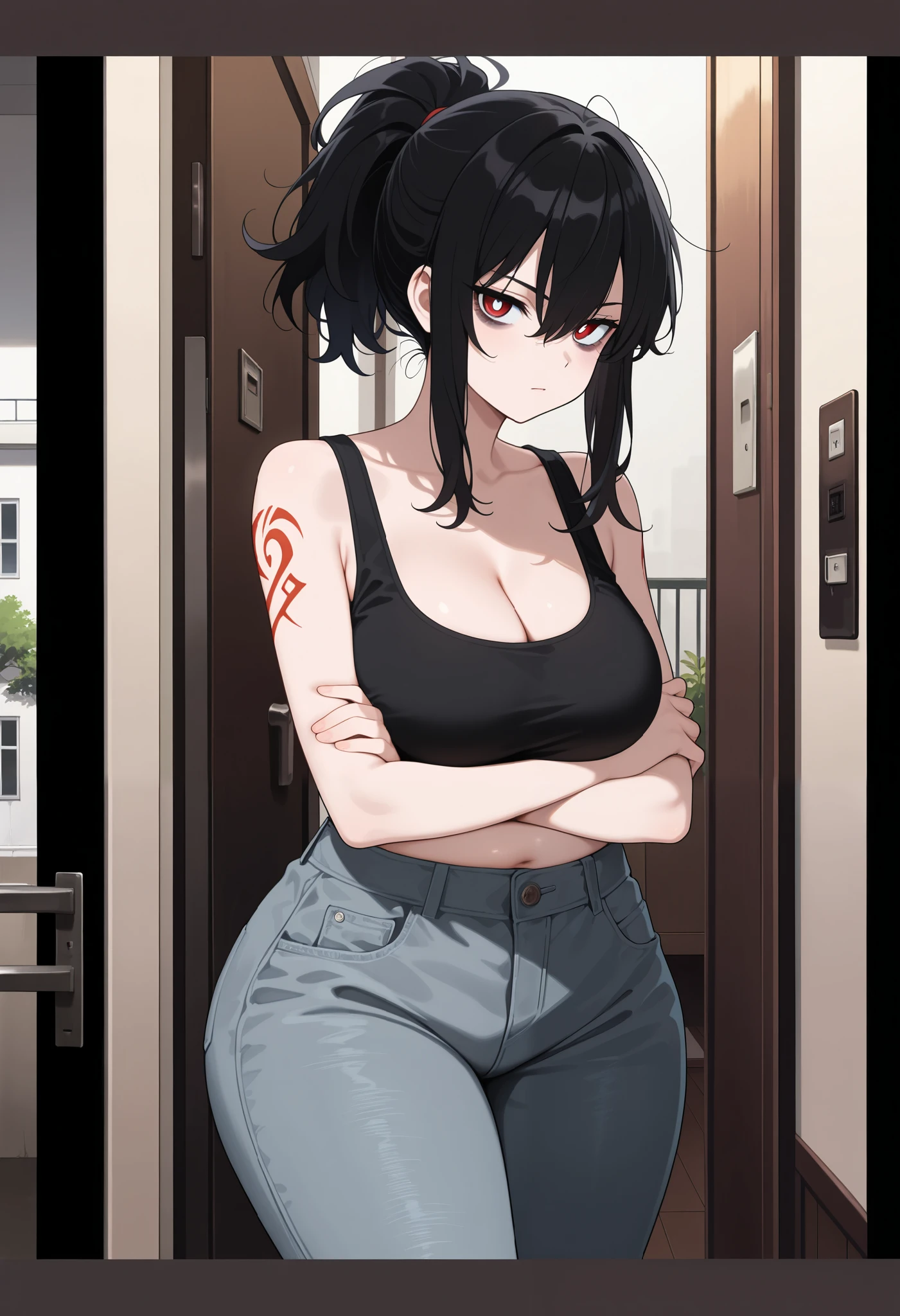 masterpiece, best quality, amazing quality, colorful, safe, cowboy shot, 1girl, mature female, crossed arms, looking at viewer, serious, black hair, short hair, [messy hair], ponytail, bangs, red eyes, white pupils, detailed eyes, [bags under eyes], arm tattoo, red tattoo, (small tattoo), [plump], wide hips, black tank top, midriff, gray jeans, apartment, doorway, (anime screencap:1.1)