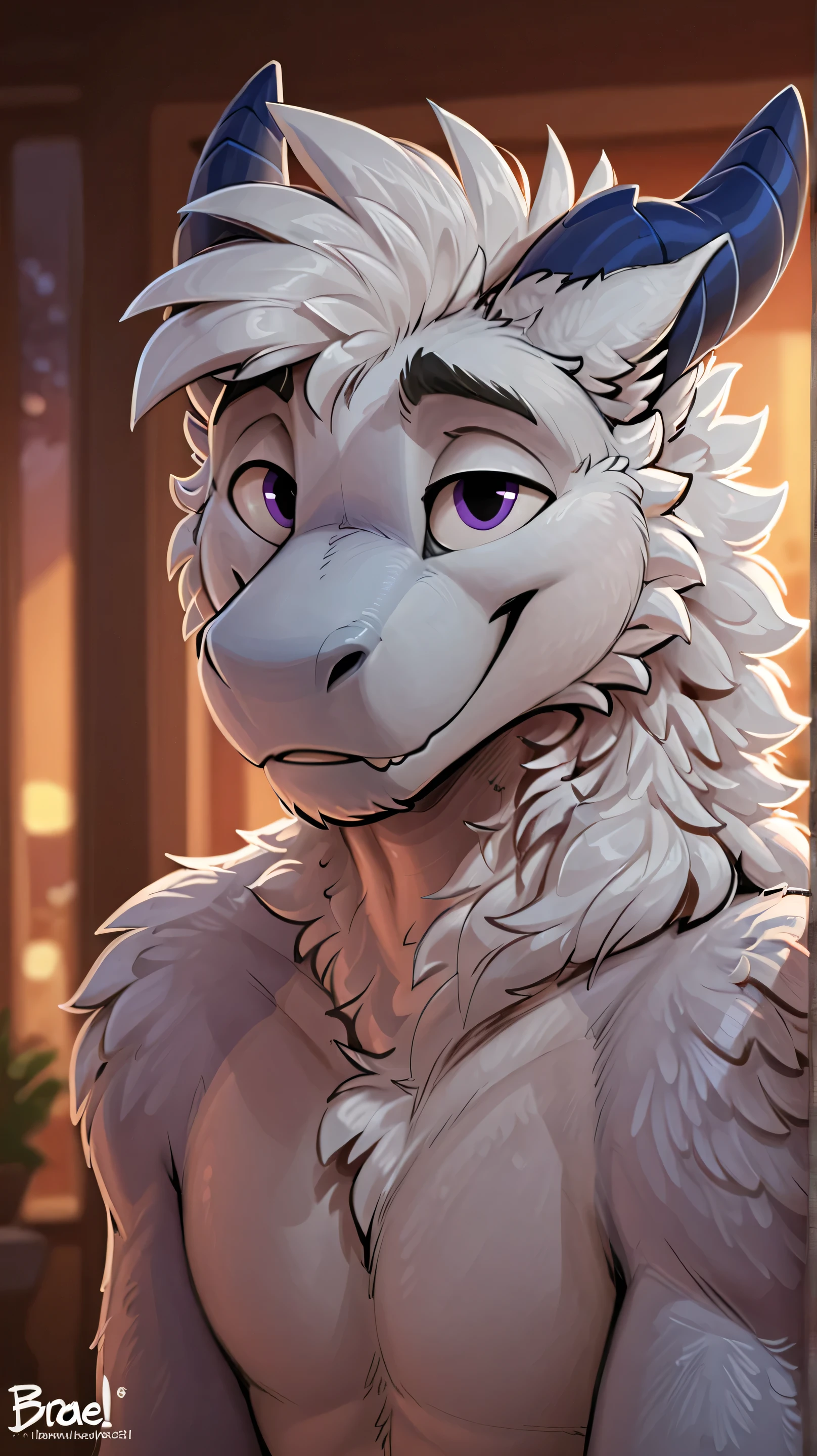uploaded to e621, by braeburned, high resolution,  masterpiece,  The best quality, Detail, high details, cold lighting, Solo Anthro, human body, man, dragon , fluffy dragin, white fur, white body, mischievous face, naughty, mischievous look, open mount, uncovered face, blurred background