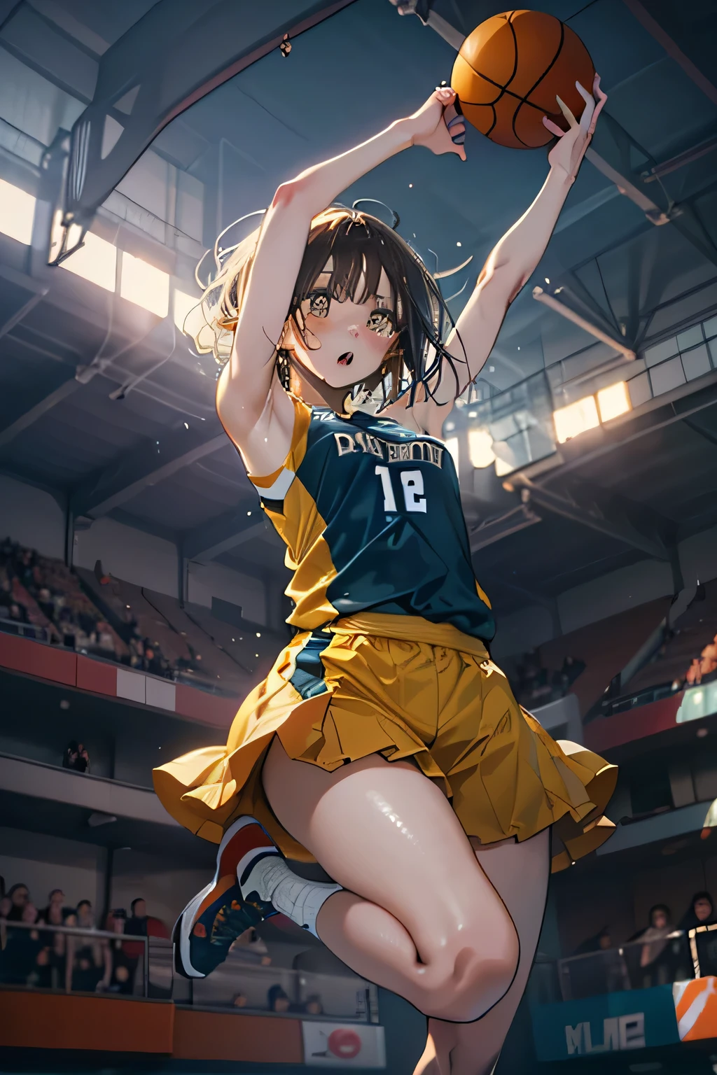 (cowboy shot), STUNNING SHADING, high contrast, solo, Dynamic pose, Jump Shot, throwing position, In the air, stretch arms and legs to throw, fall-away Jump Shot, フェードアウェイJump Shot, Line of Motion, (Jumping: 1. 5, フェードアウェイJump Shot:1.5), (arched back), Hollow, motion aura line, cool pose, Dynamic pose, Line of Motion, glowing Line of Motion, Dynamic angle, action scene, Fast Motion Blur , court shot, Jumping, arms raised, holding a basketball, Basketball Nets, dynamic action pose , dynamic angle, basketball hoop, At the arena, Bright Light, sweat,
(looking away:1.4), Looking up, (The view is from very close below:1.5),
((best quality)), ((masterpiece)), high resolution,Sharp focus,(Super Detail,very detailed),(very detailed CG unity 8k wallpaper),(((vivid colors))),{best illustration},
anime style, 1girl, ChinatsuKano,brown hair, (complete anatomy), betterhand,5Finger, open mouth, blush, basketball uniform,