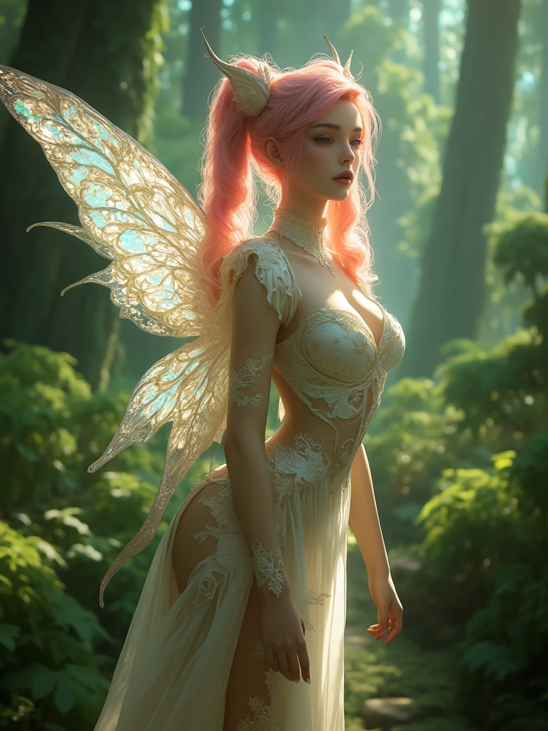female fairy with curly pink, slightly ashy hair, pale skin color, Blue eyes, An insult, in a long white shirt, dark fantasy character design, epic exquisite character art, dark fantasy art, with the appearance of Freya Allan, dark fairy full view, Amazing character art. Dragonfly wings,