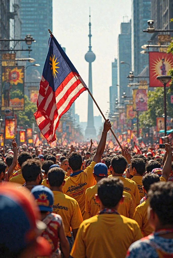 Generate a movie of students celebrating Malaysia Day among flowers。Students holding Malaysian flag，The scene is full of movie feeling，And show the light and shadow effect of Tyndall effect。Aspect ratio wider than 16:9。