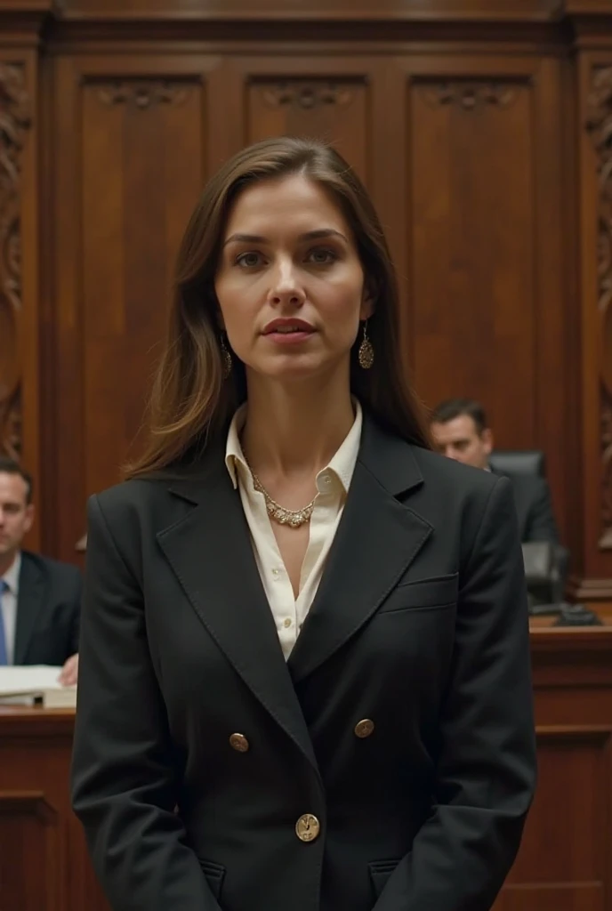 A thin woman in a battle suit is in a meeting and is sitting at a round table with several people but with a serious look