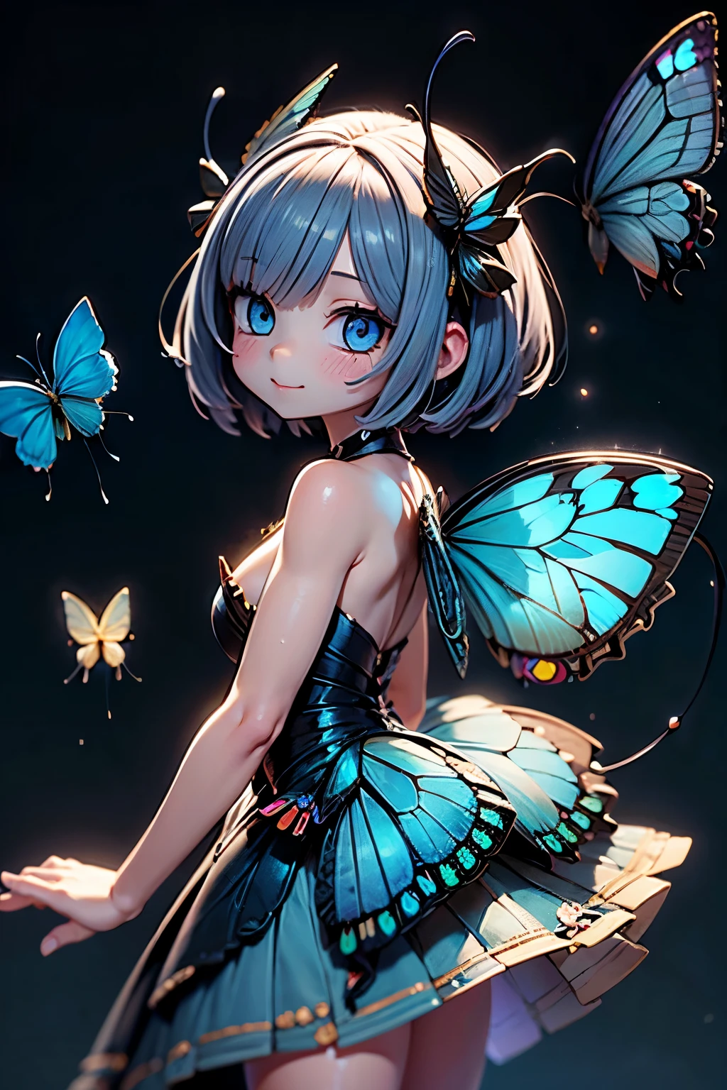 solo,1 Female\(cute, cute,small ,Skin color is white,Light blue short cut hair,(are smiling at the flag:1.2),(large morpho butterfly wing hair:1.7),hologram colored dress\( beautiful race \),(hologram blue eyes:1.5),(2 butterfly antennae on the hair:1.2),big cute smile,[butterfly wings on the back:2.0],[Butterfly wings on the body:2.0],[Butterfly Wings:2.0],[Extra Arms],Butterfly Wingsは毛の部分にのみある\),(the background is a starry sky and blue moon:1.2),\( dappled sunlight , beautiful forest,\),quality\(8k,very detailedCGユニットのwallpaper, masterpiece,high resolution,top-quality,top-quality real texture skin,surrealistic,increase resolution,RAW photo,最高のquality,very detailed,wallpaper, movie lights, Raytrace , golden ratio,\),close-up face
