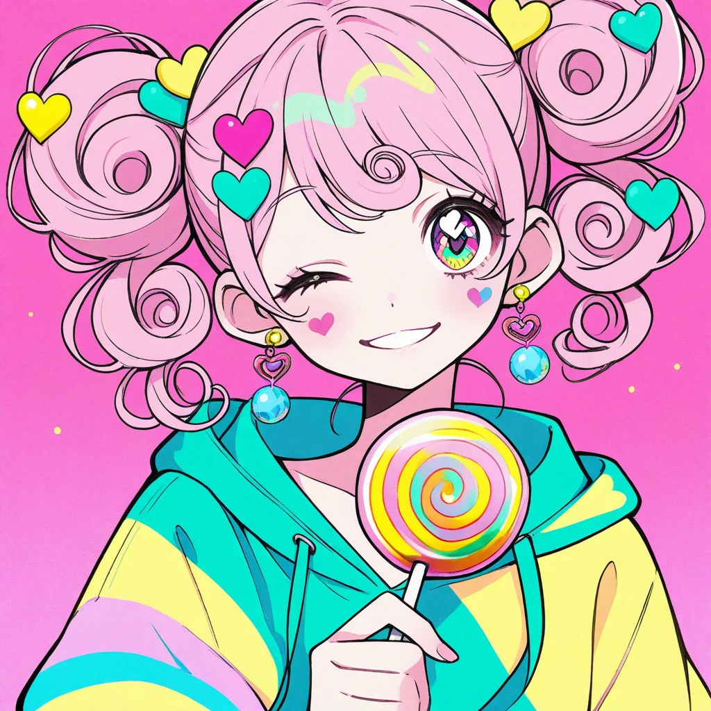 cute girl, 18 years old, she is a member of magic circus, she likes sweet stuff, her magic is creation, she can create anything adorable, cute, sweets, like doll or cake or lollipop, she sells lollipops at the circus, colorful hair, very cute