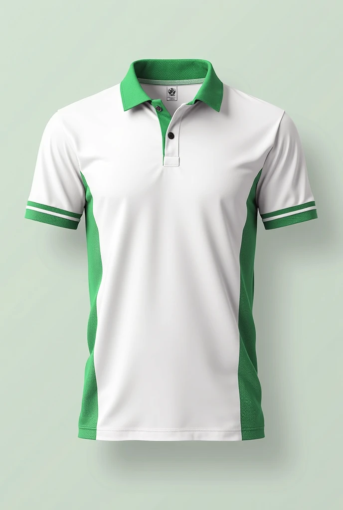 A white polo shirt with short sleeves and green edges on the side with some green curved lines.