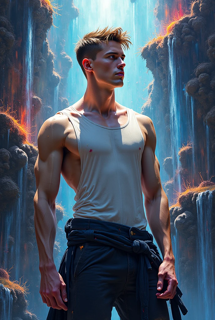 Attractive man, handsome, young, 25 years, rubio, short hair, radiating peace on his face, muscular, male mermaid, with mermaid tail, en un escenario mystic, ruins, mystic, radiant, ritual, emanating energy from his hands, Bubbles, Light rays, Coral reef, ocean creatures,high quality, 4k, 8k