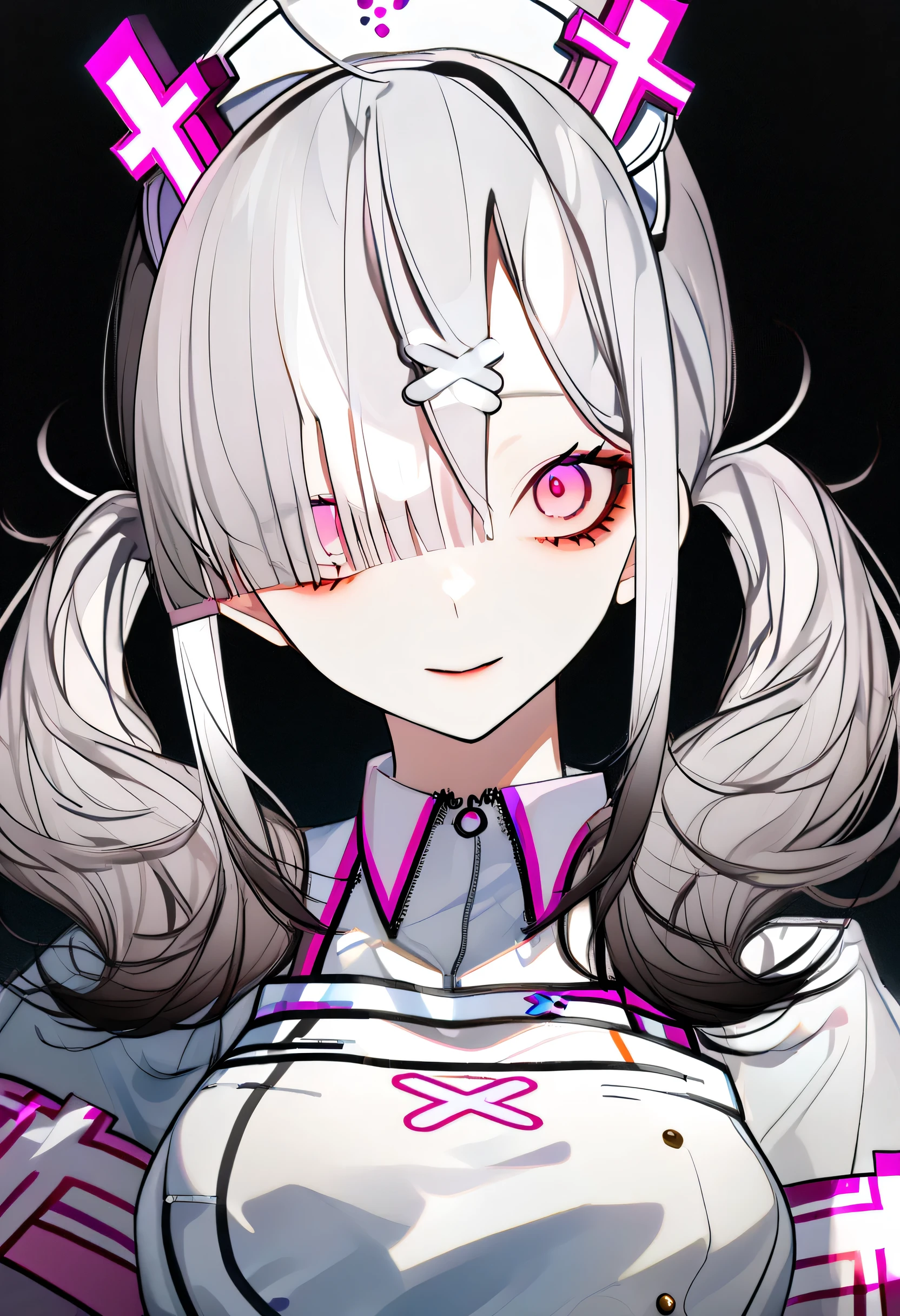 Sukoya Kana,gray hair, pink eyes, twintails,long hair, x hair ornament, nurse,black background,(超解像度,傑作,超精細,8K,)