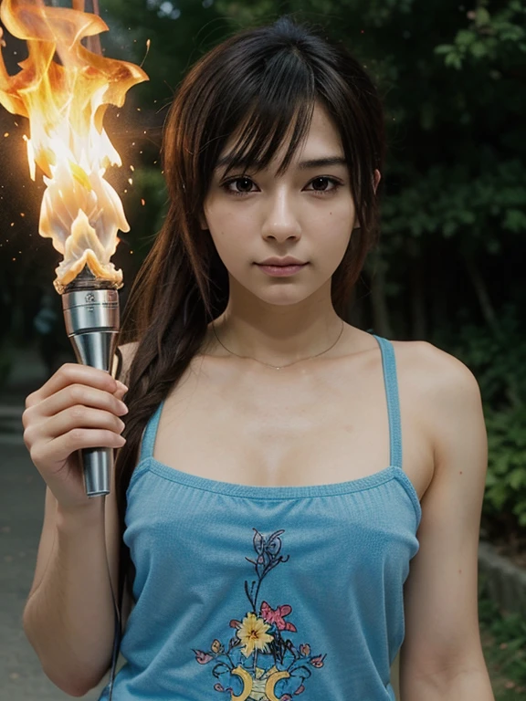 (8K, RAW Photos, ultra-quality, ultra-detailed CG with unity 8K Wallpaper, masutepiece:1.2), SIGMA Lens 35mm F10 , Shutter Speed 1/125, ISO 1600,  fish-eye lens、Solo, japanes,Photo of a cute Japanese woman, 20yr old, Gani crotch、No makeup、Put a pink ribbon on your hair、(爆乳:1.5)、Fat and flabby body:1.5、Fat and flabby upper arms:1.5,（Show cleavage:1.5）、Strapless、bra very、(Show panties:1.5), （Show me the perineum:1.5）、Display fat and flabby belly:1.5、Show thick thighs:1.3、（looking at me:1.5）,　(Luster of sweat-soaked skin:1.0)、(hair wet with sweat:1.0)、Old open-air campsite:1.5、mid night:1.5、Big campfire:1.5、Messy garbage:1.2、 Performing a bizarre dance with torches in both hands:1.5, ((Open legs))、Sexy sweet laugh、Show crotch:1.5、Spread your arms、bend arms、 Trees that get messed up:1.2