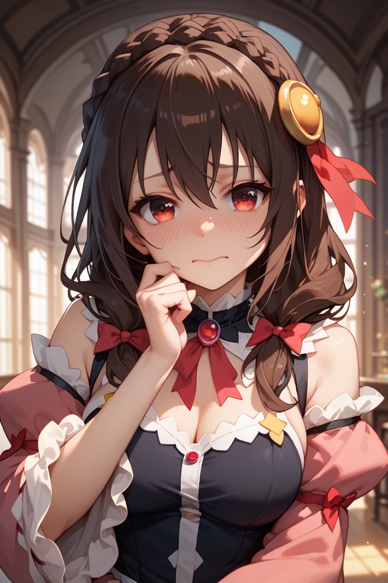 masterpiece, best quality, highly detailed, high resolution, expensive resolution, high resolution, 4K, 8k, uniform 8k wallpaper, highly detailed CG, masterpiece, 2D, 3D, beautiful details, depth, fine texture, best quality: 1.3, perfectly focused, crispy. skin, him, very cute anime girl, Her name is Mei, idol, brown double hair buns wearing expensive, mole under eye, looking at the viewer, cowboy short, expensive, blush, mole, plump lips, heart, pink eyes, heart shaped choker