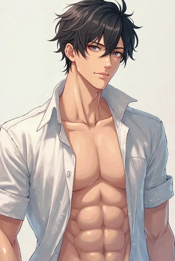 white loose shirt,(white shirt),muscle,clothes open,Show your abs,Expose chest muscles,male,Handsome and delicate eyes,short black hair,stand,whole body,blank background