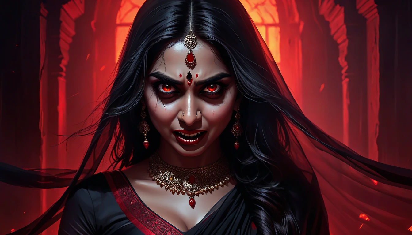 Digital illustration with a dark, eerie style. The layout features a central figure, a woman with long, disheveled black hair, her hair contains snake, crawling towards the viewer. Her skin is pale, and her eyes are glowing white, scary looks, cruel smile on face, blood on teeth, giving her a menacing appearance. She has a wide, sinister grin with sharp teeth. The woman is dressed in a white sari with red borders, dark atmosphere, scary bloody ambience