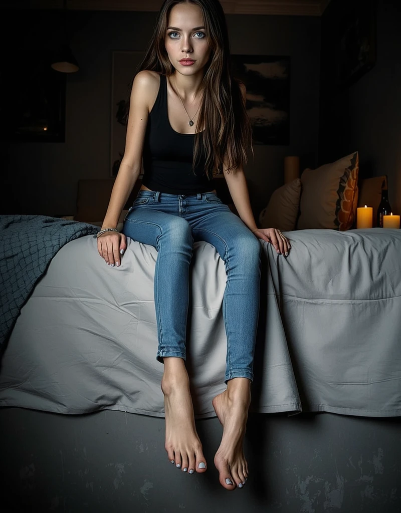 Jeune fille française de 23 ans realiste assise sur un lit dans un hôtel