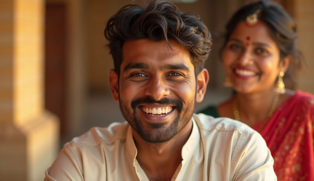 "A 4K realistic close-up of Veerendra’s (white kurta) eyes sparkling with joy, his face elated, Priya (red saree) in soft focus, temple warm."