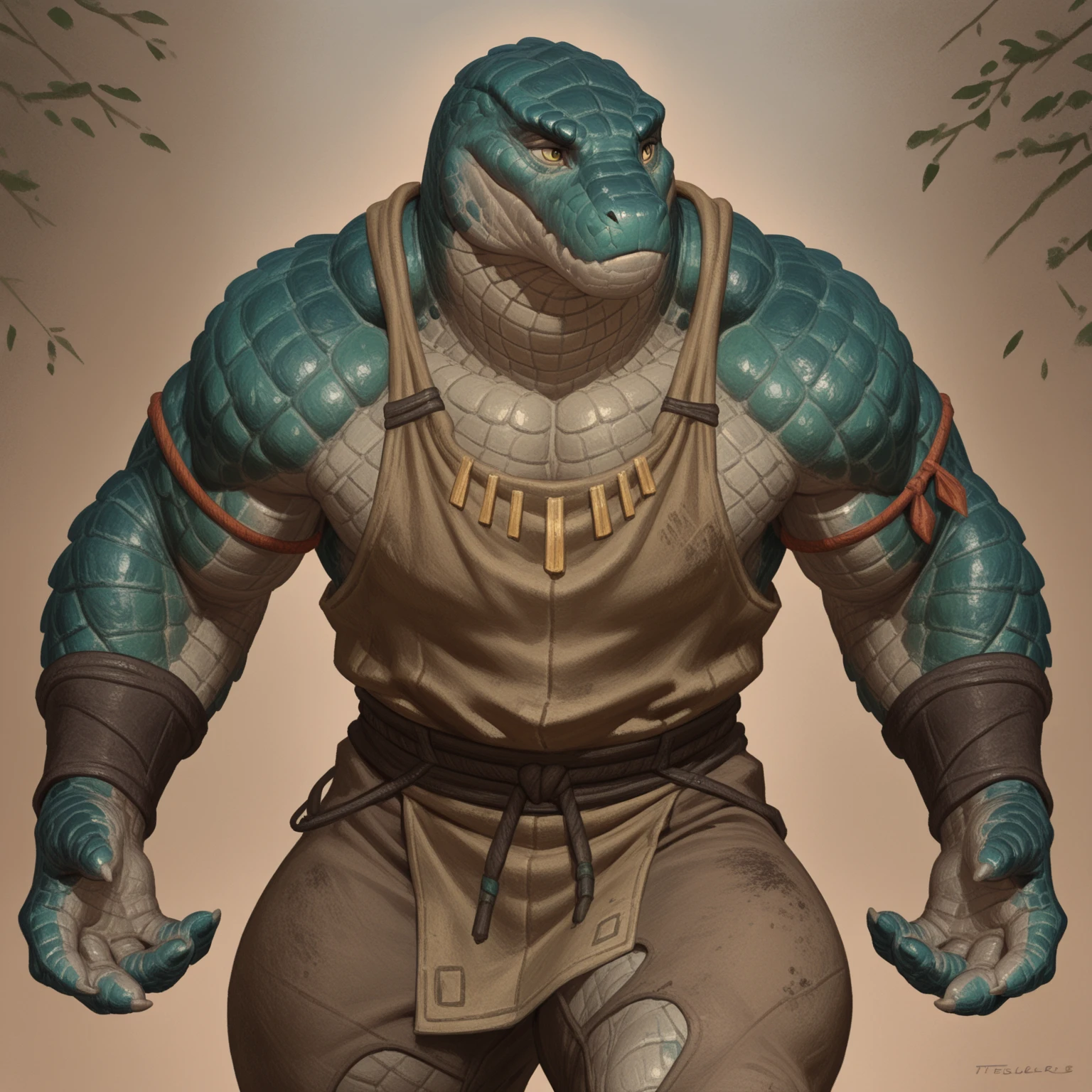 Anthro male komodo dragon, kroxigor, yellow eyes, dark green scales, muscular man, bara, wide shoulders, solo, 1man, muscular thighs, muscly arms, bare shoulders, huge arms, dirty beige tunic, tattered brown pants, portrait, hopeful, pleading, looking away, face focus