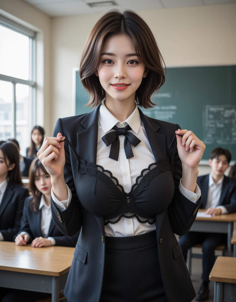 (8k, Best Quality, Masterpiece, Realistic, Ultra Detailed:1.3), (1girl, pretty Japanese, teacher), (suit jacket, tight mini-skirt:1.3), Smile, (huge breasts, cleavage, perfect body:1.3), (naked:1.3), bangs, necklace, (navel:1.2), (school, crowd:1.3), detailed eyes, students,