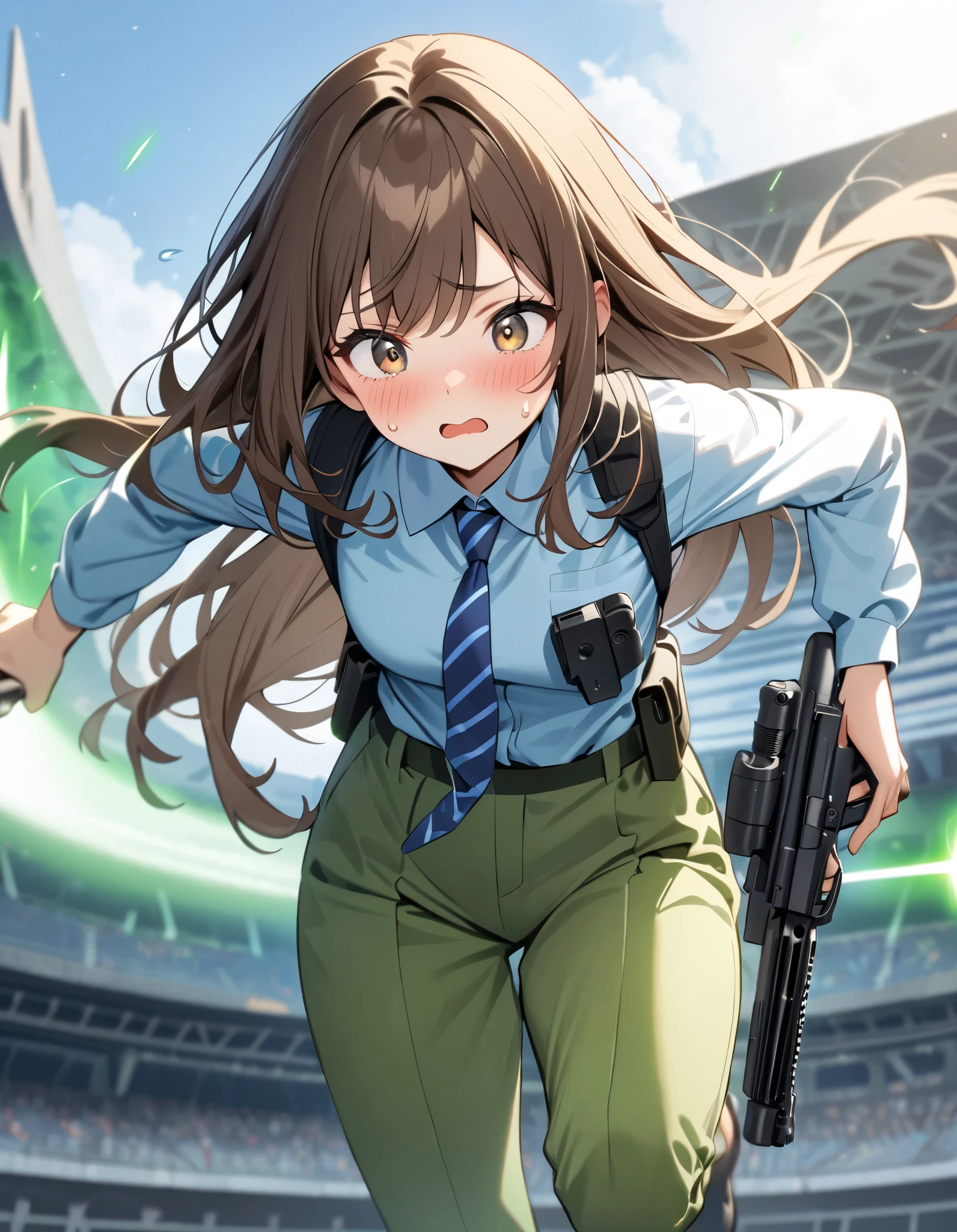 masterpiece, best quality, highres, 1girl, solo, solo focus, dark brown hair, long hair, hazel brown eyes, beautiful detailed eyes, beautiful detailed face, cute face, light blue shirt, long sleeves, shoulder holster, blue striped necktie, green pants, black shoes. blush, shy, klutzy, ((sweatdrop)). tokyo stadium backdrop, outdoors. (holding weapon, holding gun, blaster rifle, trigger discipline, 1.2). ((running, dodging green lasers)), story green laser bolts.
