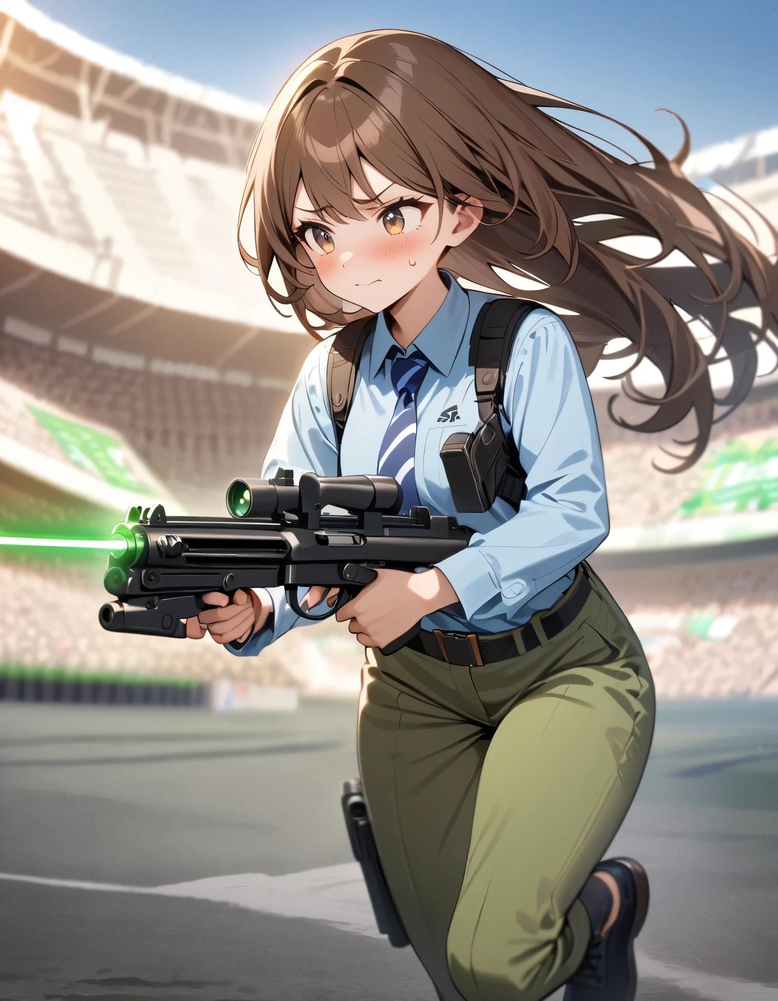 masterpiece, best quality, highres, 1girl, solo, solo focus, dark brown hair, long hair, hazel brown eyes, beautiful detailed eyes, beautiful detailed face, cute face, light blue shirt, long sleeves, shoulder holster, blue striped necktie, green pants, black shoes. blush, shy, klutzy, ((sweatdrop)). tokyo stadium backdrop, outdoors. (holding weapon, holding gun, blaster rifle, trigger discipline, 1.2). ((running, dodging green lasers)), story green laser bolts.