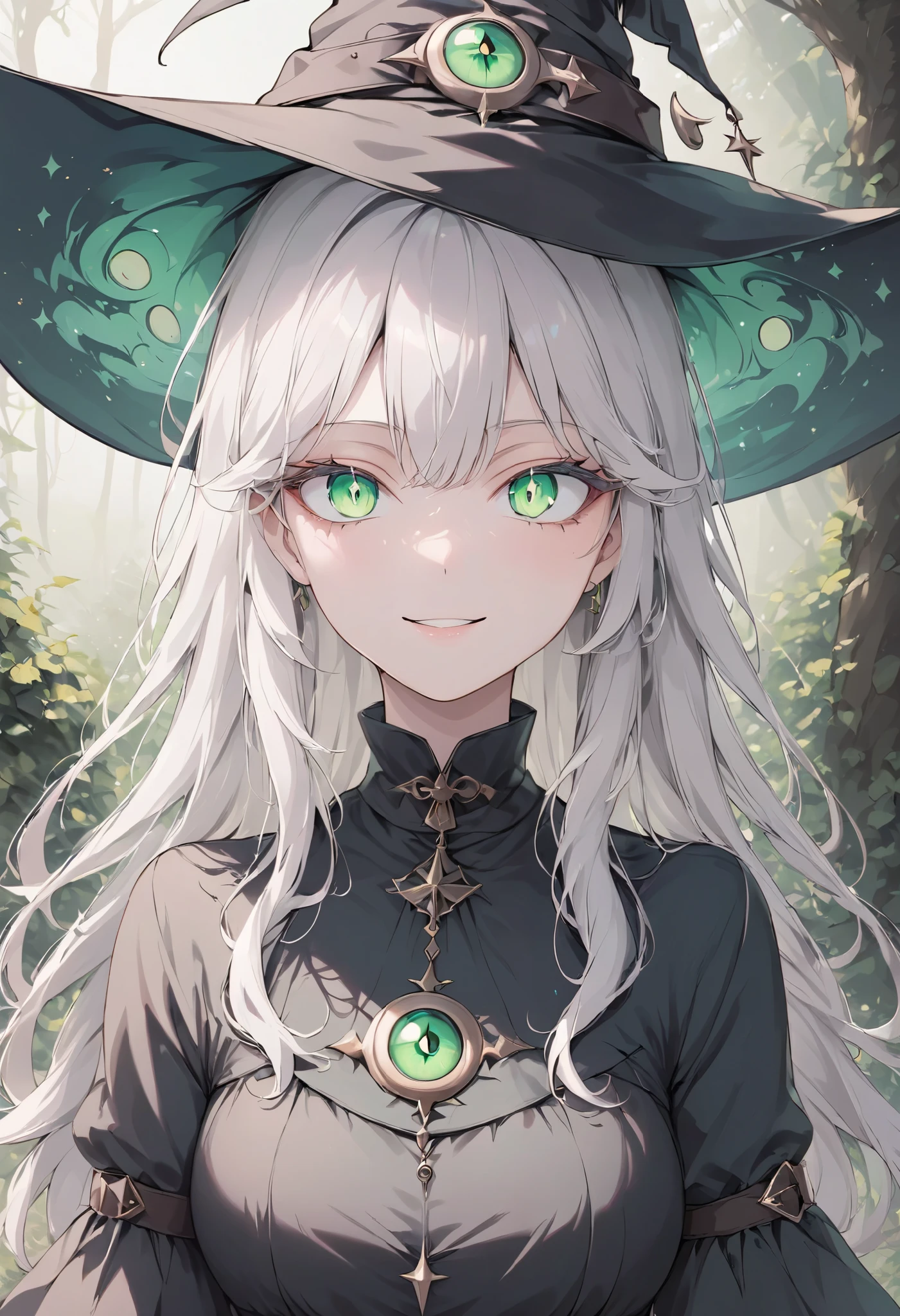 Beautiful, solo, long hair, white hair, white eyelashes, green eyes, sharp eyes, black shirt, black dress, witch, black pointed hat, magic eyes, smile facial