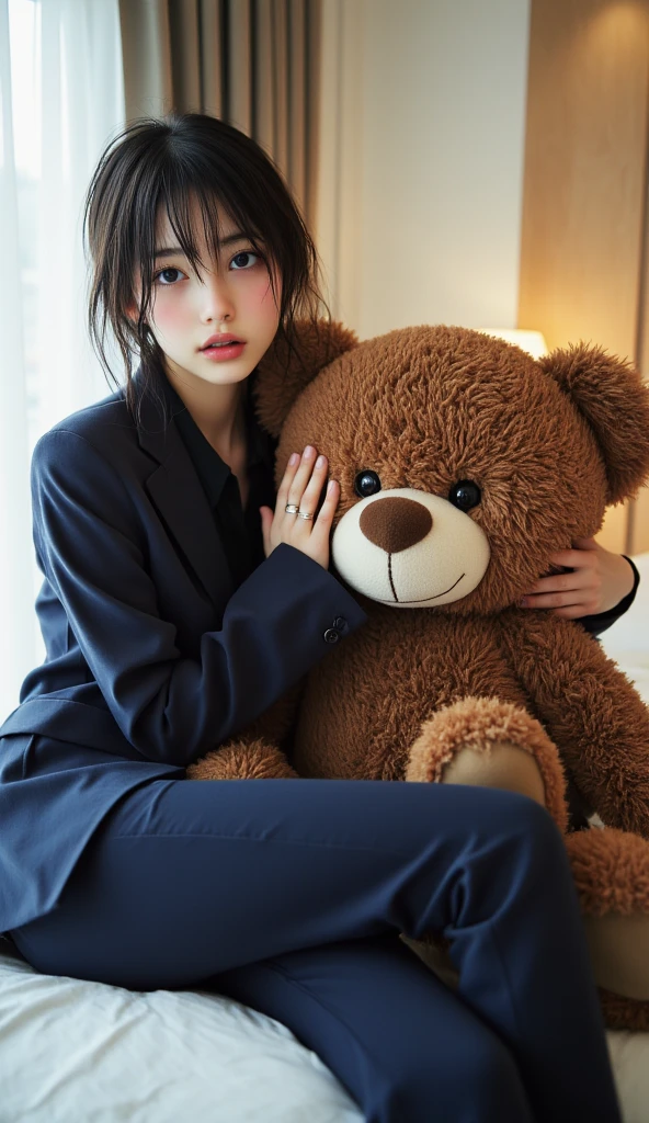 (masterpiece, top quality, best quality, official art, beautiful and aesthetic:1.2), 1girl, hugging teddy bear, wariza, in room, sunlight, stuffed toy, hoodie, <lora:add_detail:1>