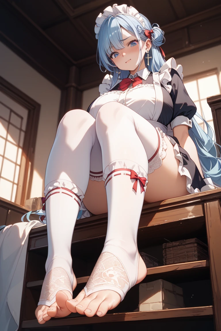 1 woman,(High resolution images),(Sunlight4K),I have white hair.,cute,Smiling, turning towards the camera,Beautiful blue eyes sparkling,Put on white stockings,long hair,Wear a red bow on the white side of your hair.,teenager,Big tits,Japanese ,sitting in the classroom