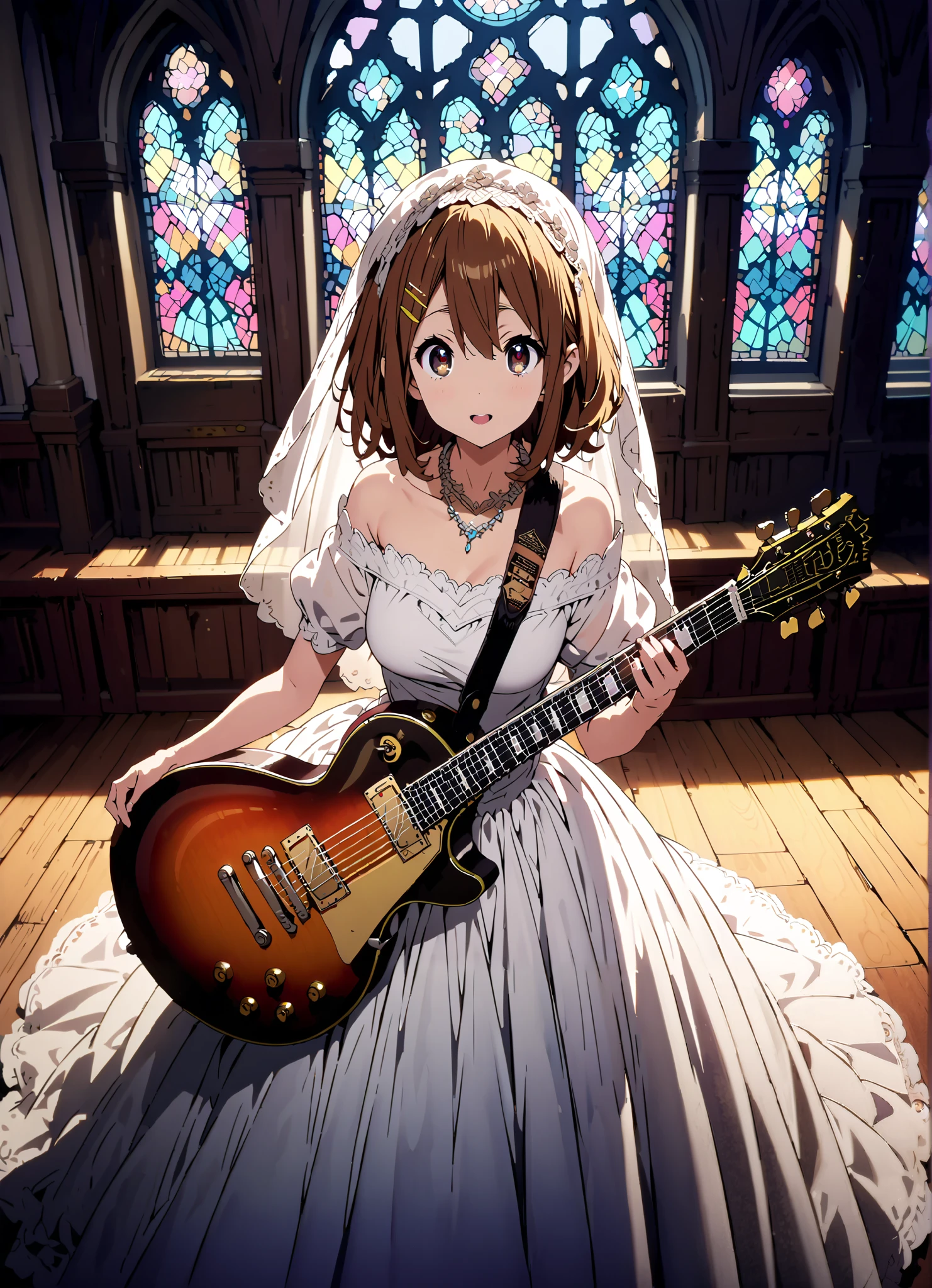 Plane, Plane, brown eyes, brown hair, Yellow Hair Clip , medium hair,Veil,necklace,Off Shoulder Wedding Dress,Short sleeve,guitar( Gibson Les Paul) , Instrument playing, Stage Performance ,Sing in front of the microphone, Play in front of the microphone,is standing,smile,cover,open your mouth wide,stained glass,full bodyがillustrationsに入るように,break indoors,Chapel,church,
break looking at viewer,full body,
break (masterpiece:1.2), Highest quality, high resolution, Unity 8k 壁紙, (illustrations:0.8), (beautiful detailed eyes:1.6), very detailed face, so that it fits into the illustration, extremely detailed CG,(perfect hand, perfect anatomy),