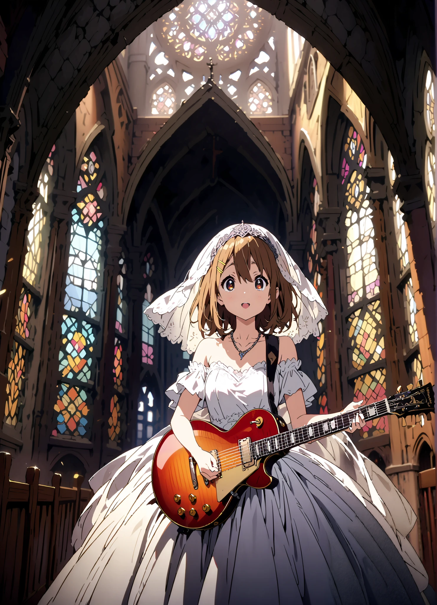 Plane, Plane, brown eyes, brown hair, Yellow Hair Clip , medium hair,Veil,necklace,Off Shoulder Wedding Dress,Short sleeve,guitar( Gibson Les Paul) , Instrument playing, Stage Performance ,Sing in front of the microphone, Play in front of the microphone,is standing,smile,cover,open your mouth wide,stained glass,full bodyがillustrationsに入るように,break indoors,Chapel,church,
break looking at viewer,full body,
break (masterpiece:1.2), Highest quality, high resolution, Unity 8k 壁紙, (illustrations:0.8), (beautiful detailed eyes:1.6), very detailed face, so that it fits into the illustration, extremely detailed CG,(perfect hand, perfect anatomy),