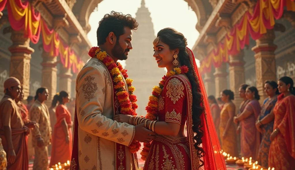 Devaki and Vasudeva's Marriage:
A serene scene of Devaki and Vasudeva's wedding ceremony with festive decorations, traditional rituals, and a joyful gathering of guests in a grand setting.