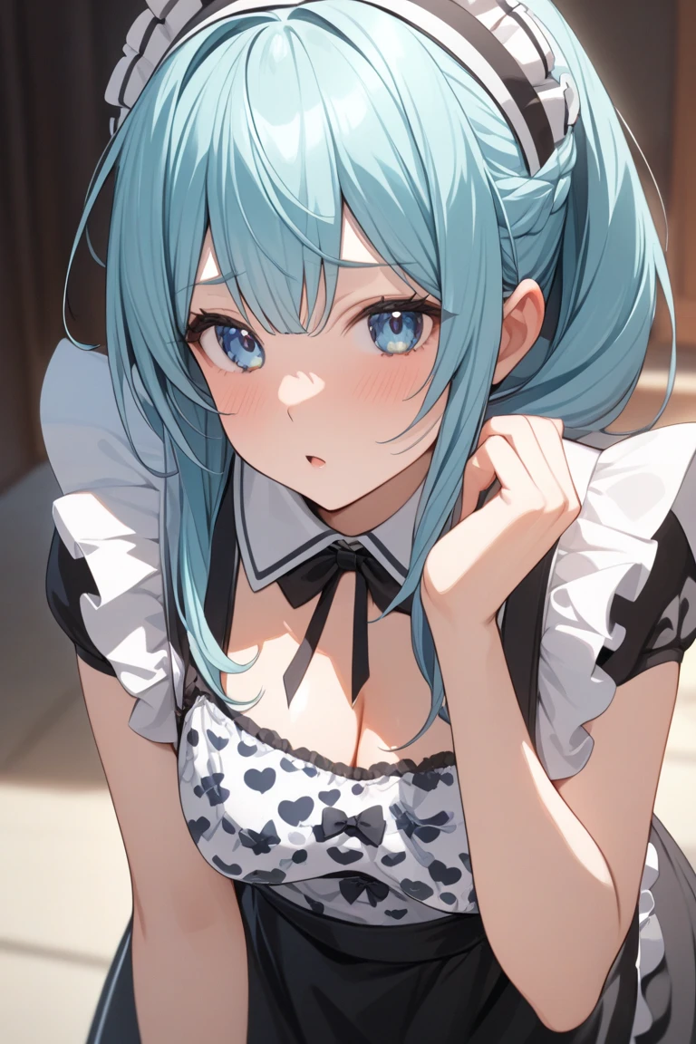 extremely detailed, detailed hair, soft lighting, volumetric lighting, intricate details, finely detailed, mature female, 1girl, solo, looking at viewer, close up ,upper body, squatting , medium breasts , BREAK frilled shirt, frilled dress, frilled sleeves, ribbon, crop top, striped thighhighs, gloves, (pointy hair,hair up ,hair between eyes, hime cut , blue hair ),, , smug , , sweat, with a flower field in the background, towering lighthouse on a cliff, <lora:fueV3LOL-000009:1>