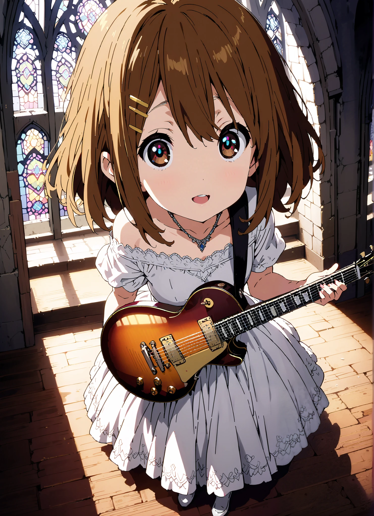 Plane, Plane, brown eyes, brown hair, Yellow Hair Clip , medium hair,Veil,necklace,Off Shoulder Wedding Dress,Short sleeve,guitar( Gibson Les Paul) , Instrument playing, Stage Performance ,Sing in front of the microphone, Play in front of the microphone,is standing,smile,cover,open your mouth wide,stained glass,full bodyがillustrationsに入るように,break indoors,Chapel,church,
break looking at viewer,full body,
break (masterpiece:1.2), Highest quality, high resolution, Unity 8k 壁紙, (illustrations:0.8), (beautiful detailed eyes:1.6), very detailed face, so that it fits into the illustration, extremely detailed CG,(perfect hand, perfect anatomy),