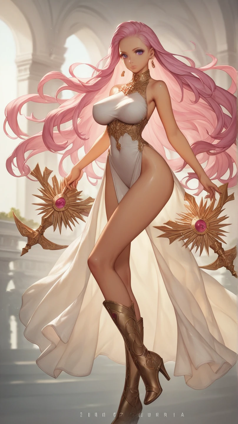 extremly detaled, dynamic back pose, bare feet, detaled feet, ,goddess, gold detaled armor with red finish, long white hair, red cape and scarf, gold hair clip, gold heavy body cover armor with red finish, show big ass and pussy, orginal hairstyle with braids