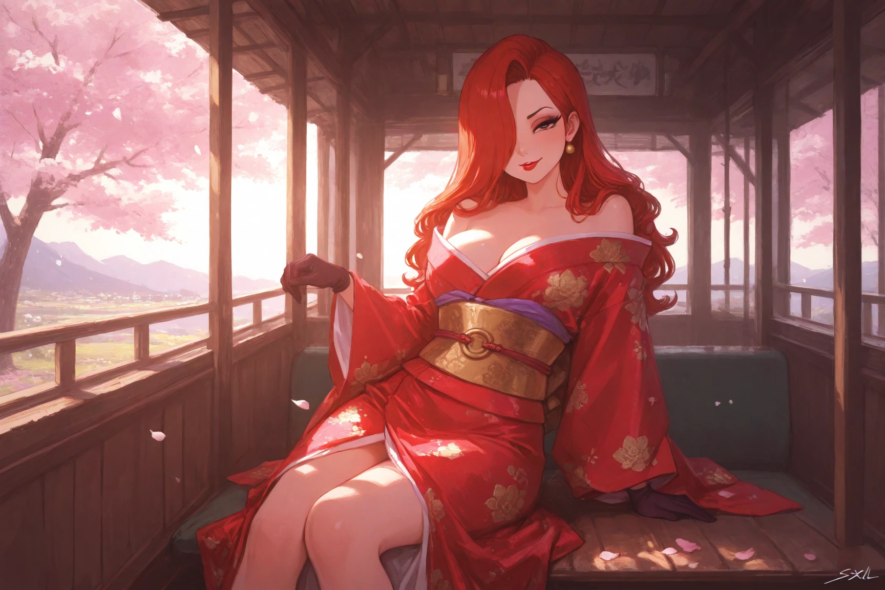absurdres, (Masterpiece, Best Quality:1.3), (thick lineart), (faux traditional media), dynamic pose, official art, best illustration, (8k resolution), dark, 1girl, mature female, solo, japanese clothes, bare shoulders, from above, breasts, chest sarashi, bare shoulders, kimono, stylish, fantastic, fairytale, fantasy art, (detailed face), red hair, single braid, red eyes, lying on a bed of flowers, on back, (lovely eyes, looking at viewer, lipstick), depth of field, silhouette, perfect, makeup, lovely, (details:1.2), sunset, various colors, vivid, colorful, shiny, highly detailed, cloud, sky, stars, lumen global illumination, (moody lighting:1.1), (full body), extremely detailed background, Hokusai Katsushika art in background, <lora:MADGOD:0.5>,
