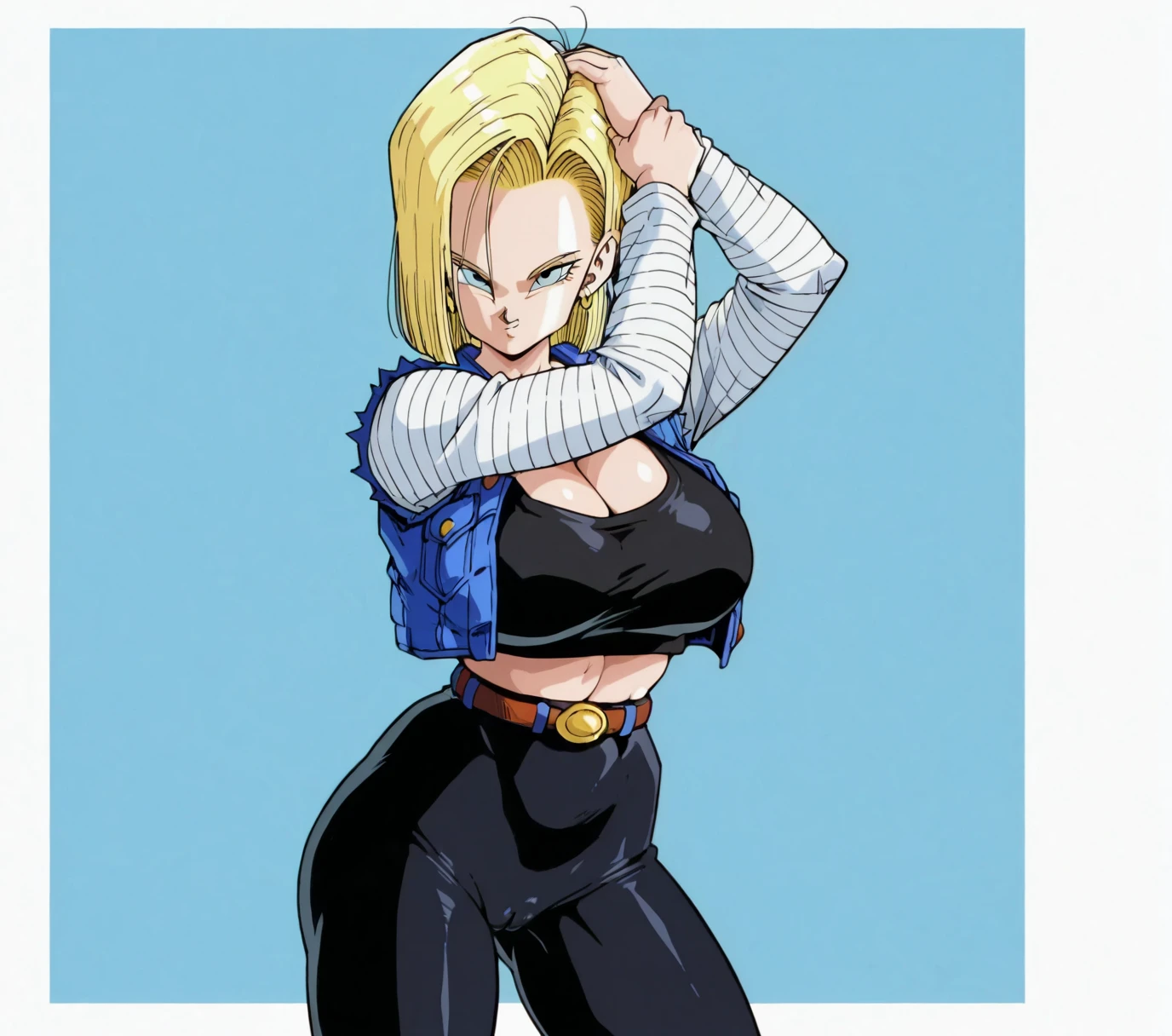 Android 18, blonde hair, medium hair, asymmetrical hair, earrings, young, masterpiece, best quality, 1 girl, cleavage, big breasts, sensual pose, standing pose, right hand on head left hand down, masterful, dominant and medium shot, suggestive pose, hands behind, provocative look, work, defined, best quality, two-tone background, defined face, defined face, tight black leggings, short black sports top, cleavage, camel toe, denim vest