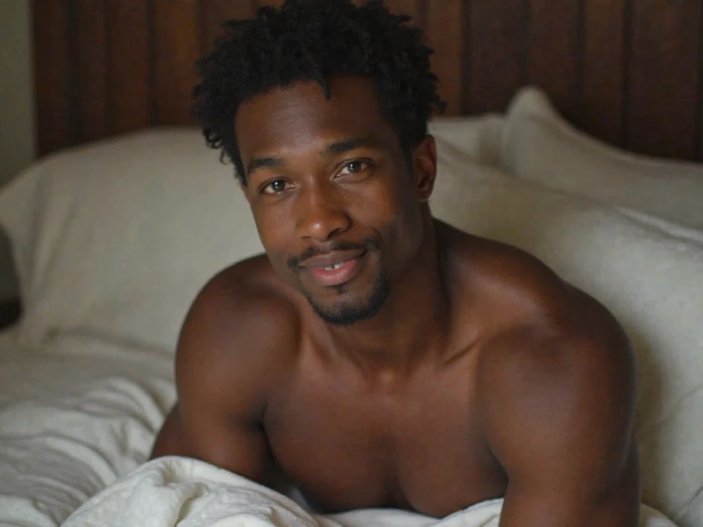 Photorealistic Young Twink African, 1boy, black skin, detailed skin, 1boy, (realistic)), abs, good quality lighting, muscle veins, ((pale skin)), footballer, (masterpiece, ultra quality, high resolution, 8k, intricate: 1.2), (detailed face: 1.2), beautiful, bulge, 1boy, solo, looking at the viewer, balancing the eyes, (((bottom))), bedroom, (eye contact), complex, detailed, stunning, fine details, face with high detail, sensual, evocative, extremely detailed eyes and face, piercing gaze, disheveled hair, --auto --s2