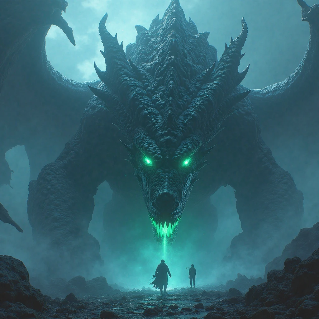 Dark and intense female scene((white hair))A lone man standing on top of a mountain at night. The woman was small and silhouetted against the dark sky., Showing the enormous size of the scene. He looked at the giant dragon's face., A terrifying dragon is approaching from the sky., Wings spread wide, Glowing eyes and green scales that sparkle in the moonlight. The atmosphere is creepy., There were dark clouds swirling and the mountains were rugged and steep.. The appearance of the dragon is terrifying and powerful., As if it could unleash disaster at any moment..