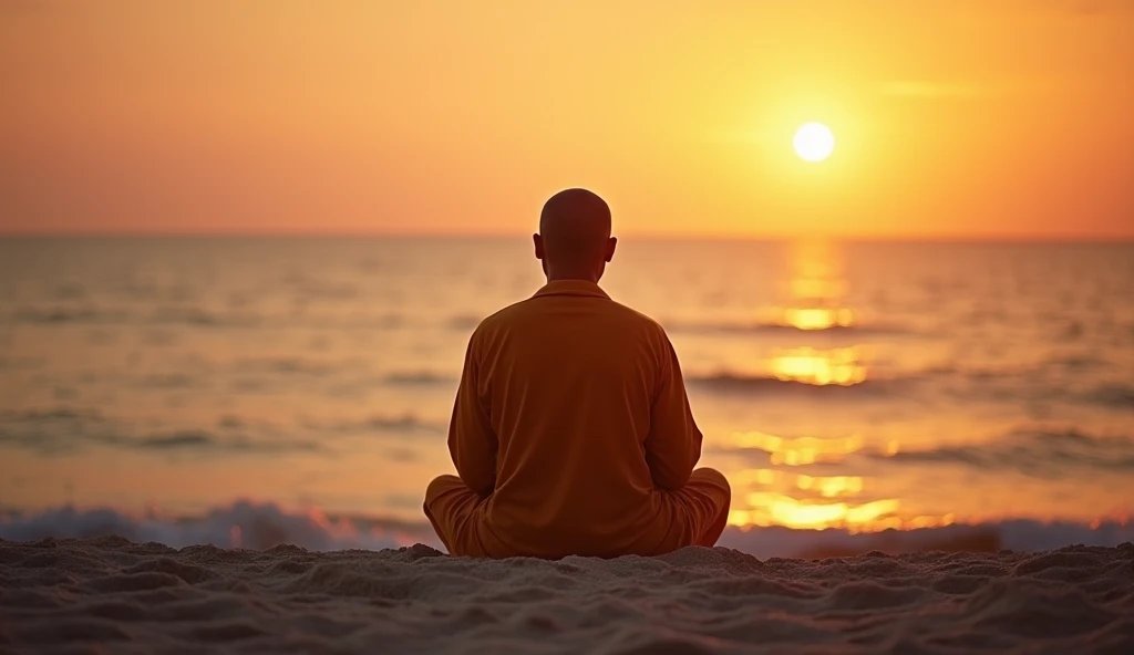Mature monk sitting in meditation position, contemplando um horizonte lindo com o sol se pondo, Man is in deep connection with the divine, The landscape is ultra detailed, homem ultra realista, tudo bem detalhado e lindo, ultra qualidade. Realismo 8K