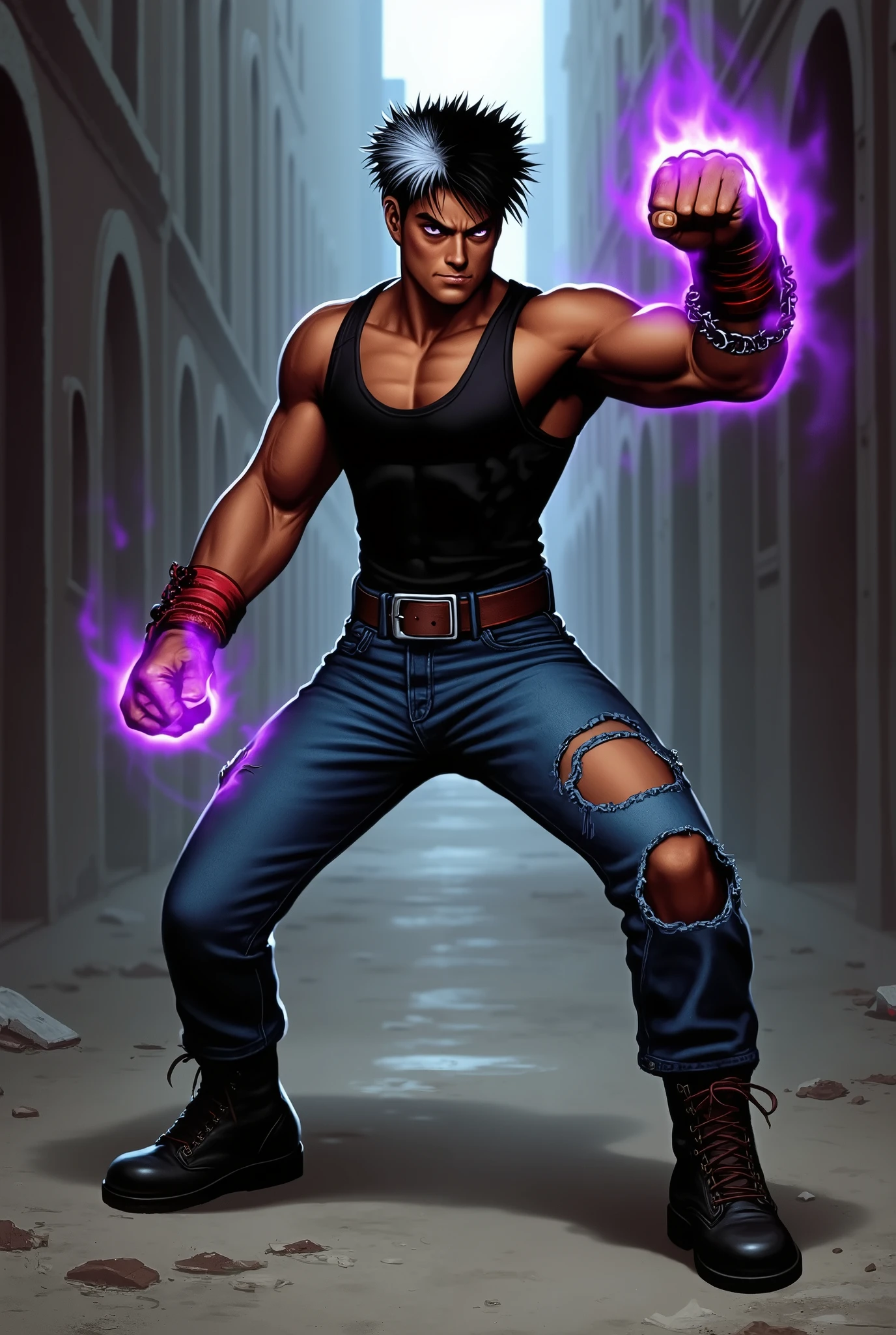 a young man, with black hair with white tips, dark skin, purple eyes, a black sleeveless tank top, jeans with ripped knees, black combat boots, hands bandaged with red bands and chains, with his hands with a purple flame, in a dirty, dark alley, throwing a punch