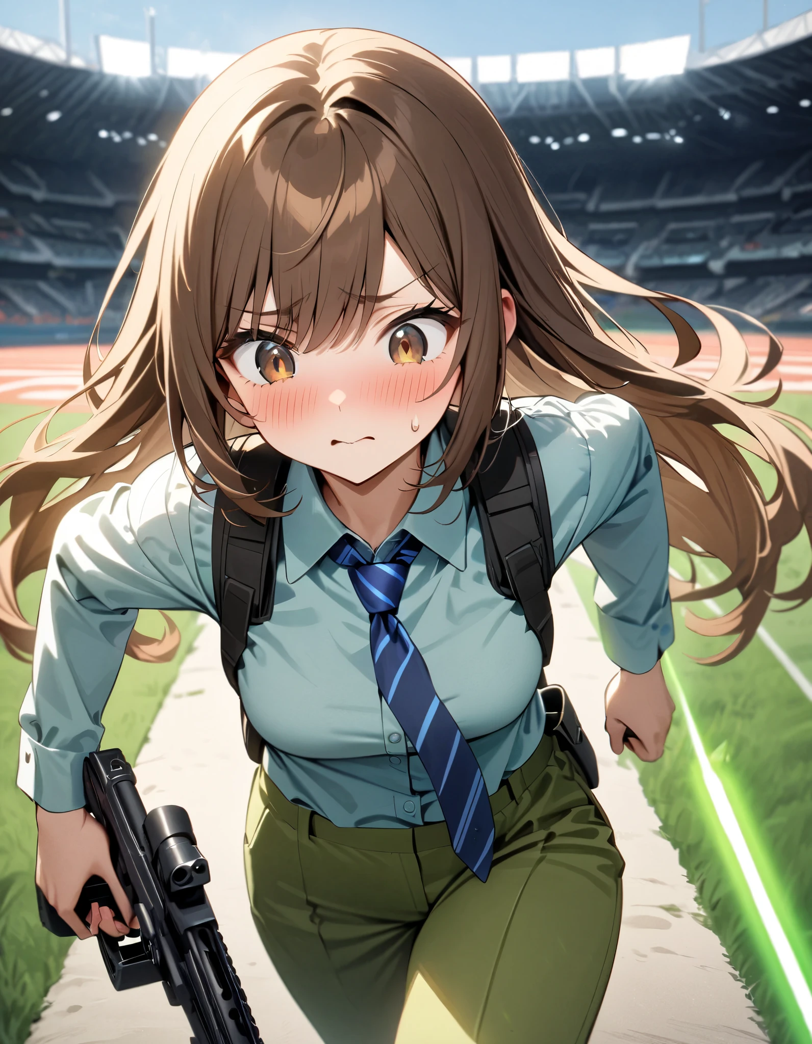 masterpiece, best quality, highres, 1girl, solo, solo focus, dark brown hair, long hair, hazel brown eyes, beautiful detailed eyes, beautiful detailed face, cute face, light blue shirt, long sleeves, shoulder holster, blue striped necktie, green pants, black shoes. blush, shy, klutzy, ((sweatdrop)). tokyo stadium backdrop, outdoors. (holding weapon, holding gun, blaster rifle, trigger discipline, 1.2). ((running, dodging green lasers)), story green laser bolts.