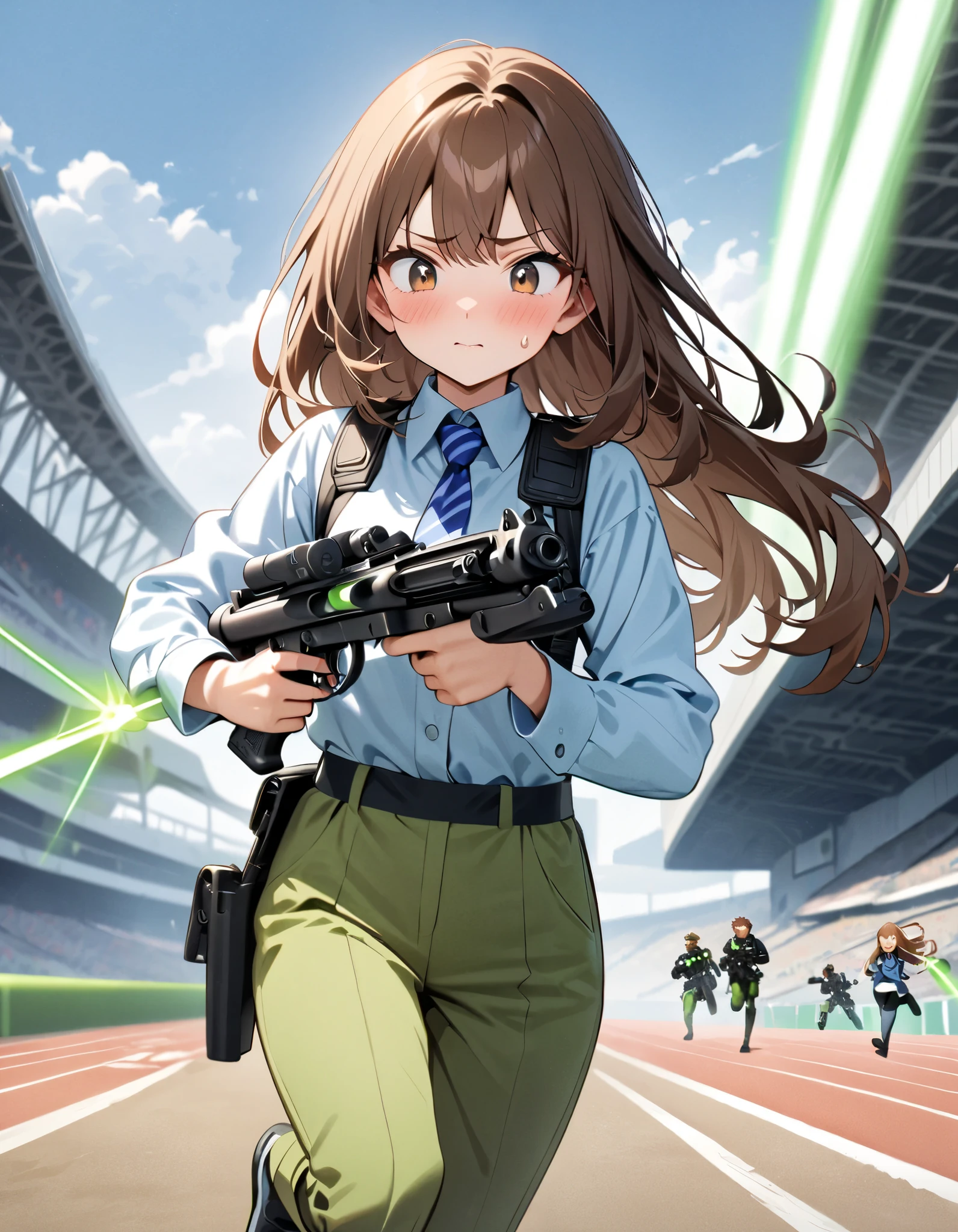 masterpiece, best quality, highres, 1girl, solo, solo focus, dark brown hair, long hair, hazel brown eyes, beautiful detailed eyes, beautiful detailed face, cute face, light blue shirt, long sleeves, shoulder holster, blue striped necktie, green pants, black shoes. blush, shy, klutzy, ((sweatdrop)). tokyo stadium backdrop, outdoors. (holding weapon, holding gun, blaster rifle, trigger discipline, 1.2). ((running, dodging green lasers)), story green laser bolts.