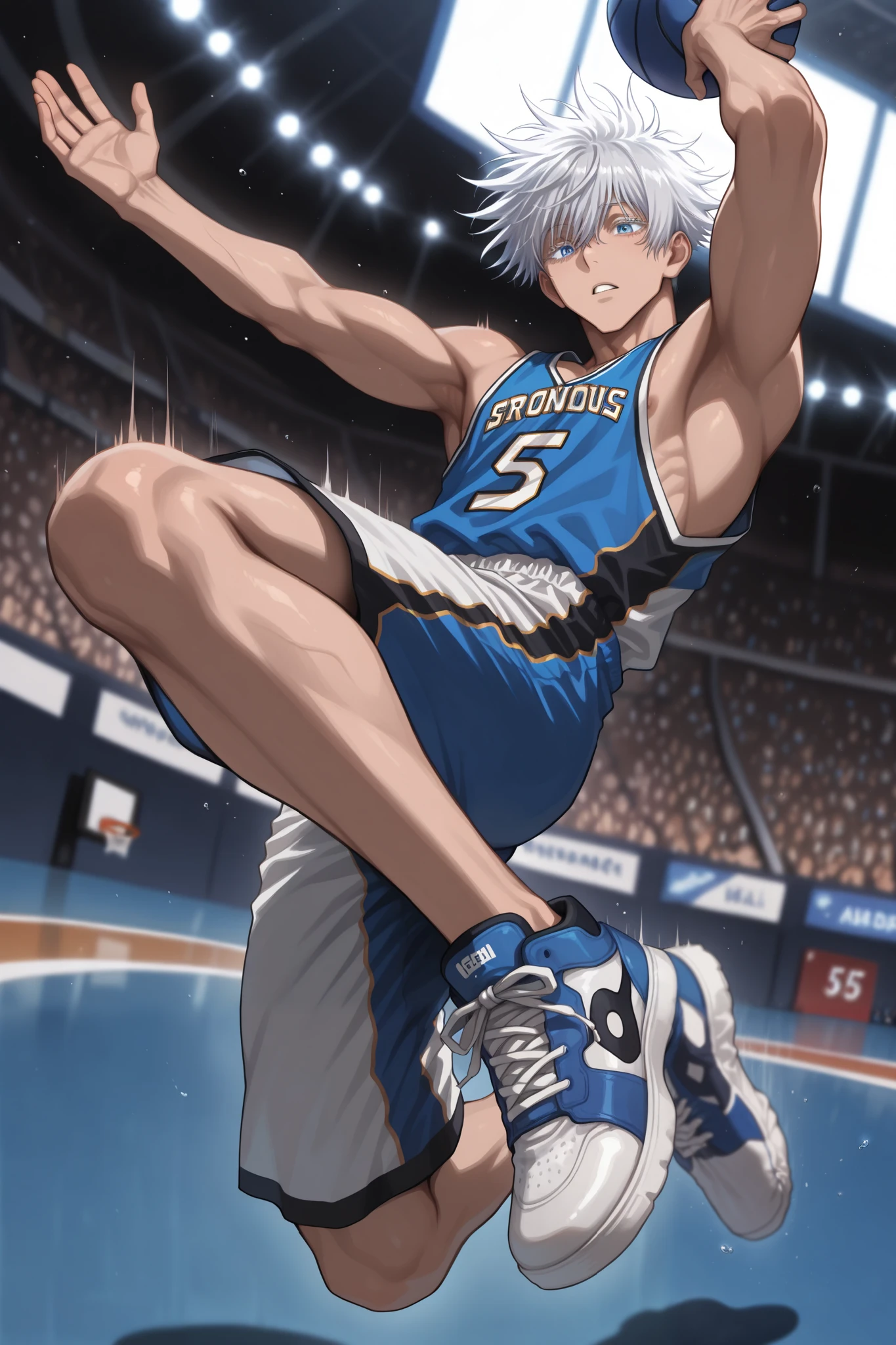 (Masterpiece, best quality), amazing quality, very aesthetic, absurd, highres, latest, perfect anatomy, perfect hands, HDR, 8K, intrinsic light, gloss, glossy color, strong coloring, masterful shading, high contrast, anime reference, anime coloring, anime screen capture from jujutsu kaisen, dynamic, 1man, solo, male focus, gojou satoru /(jujustu kaisen/), detailed eyes, blue eyes, white hair, short hair, detailed eyelashes, white eyelashes, (muscular), sexy man, handsome, alternative costume, basketball outfit, blue basketball jersey, white basketball pants, blue casual shoes, complicated outfit, solo, dynamic pose, full body, movement aura lines, cool pose, jump shot, throwing position, jumps off in a backward motion and drops backwards, in the air, arm and legs stretched out to throw, fall-away jump shot, fadeaway jump shot, lines of movement, (jumping: 1. 5, Fadeaway Jump Shot:1.5),dynamic pose, lines of movement, glowing lines of movement, dynamic angle, action scene, fast motion blur, NBA stadium, cheering crowd, blurred background,