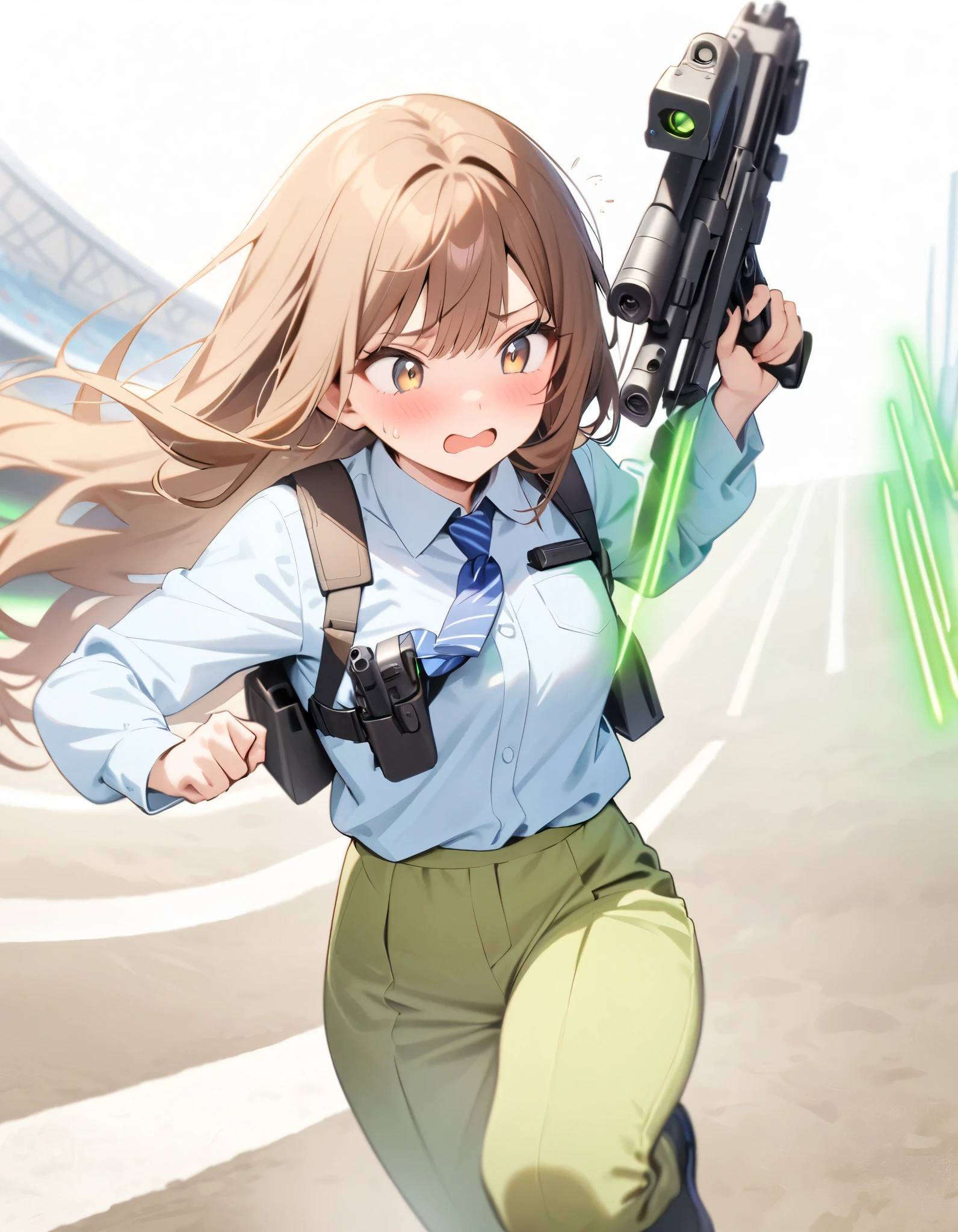 masterpiece, best quality, highres, 1girl, solo, solo focus, dark brown hair, long hair, hazel brown eyes, beautiful detailed eyes, beautiful detailed face, cute face, light blue shirt, long sleeves, shoulder holster, blue striped necktie, green pants, black shoes. blush, shy, klutzy, ((sweatdrop)). tokyo stadium backdrop, outdoors. (holding weapon, holding gun, blaster rifle, trigger discipline, 1.2). ((running, dodging green lasers)), story green laser bolts.