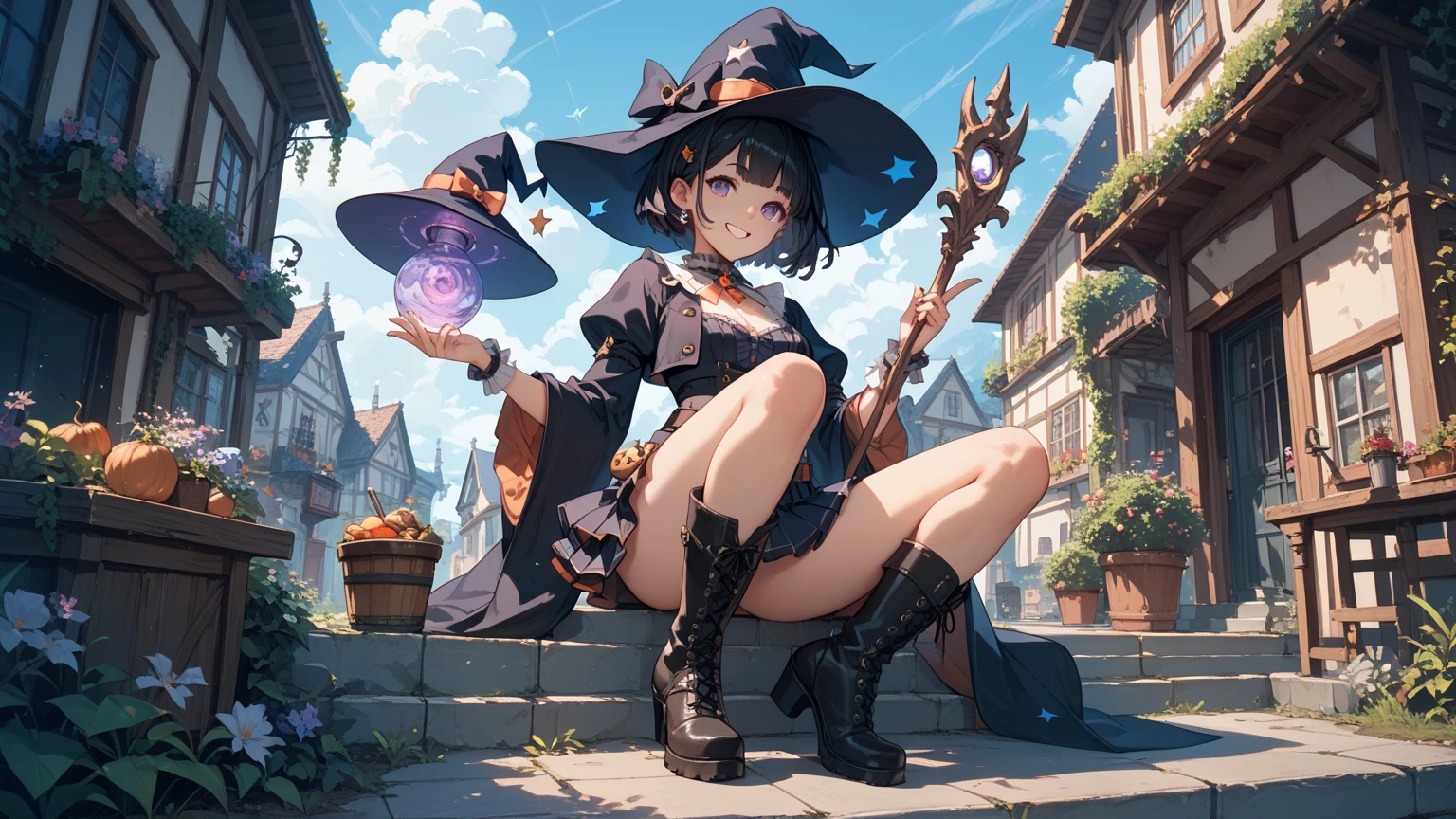 (masterpiece,bast quality:1.2),fine details,absurd highres,8k,illustrator,hand draw,a witch girl,sitting,delicate face,[curvy|toned] body,fluffy and cute short boots