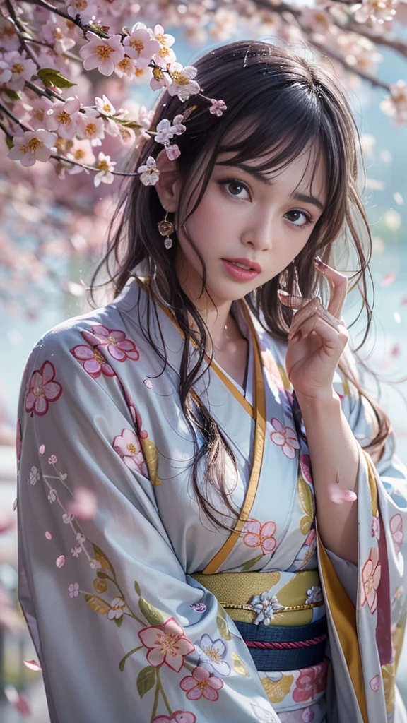 (32K, BEST QUALITY, masterpiece, photorealistic on the bed, super high resolution), ((Cherry Blossom Petals, Big Cherry Blossom Tree)), Highly Detailed Skin and Face Textures:1.3, perfect dynamic composition:1.4, (the night before a shrine in a modern city, Expressions of joy:0.8, crying, Aching Heart :1.0), after the rain, slim woman, white skin, wet body, wet hair, (Wearing a professional kimono, Holding a bouquet of wet cherry blossoms, wet white kimono),  beauty, perfect style, beautiful and aesthetic, medium ,   gap, (very pretty face:1.0, Beautiful  eyes:0.8, Overly sensual:0.8, enchanting:0.8), earrings, wedding ring, Water droplets on skin