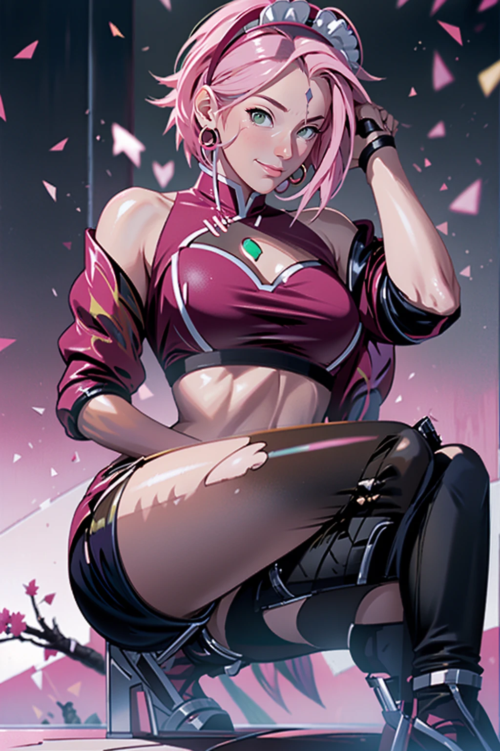 (QH), Sakura haruno, ((solo) seductive, ((forehead to show)), alone, attractive, sensual eyes, green eyes, red coat, pink hair, delicate, young, short hair, white pants, detailed face, high definition, full body, defined features, well-drawn strokes, trend in the art of Efraín Malo