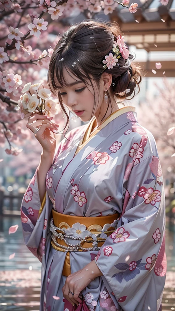 (32K, BEST QUALITY, masterpiece, photorealistic on the bed, super high resolution), ((Cherry Blossom Petals, Big Cherry Blossom Tree)), Highly Detailed Skin and Face Textures:1.3, perfect dynamic composition:1.4, (the night before a shrine in a modern city, Expressions of joy:0.8, crying, Aching Heart :1.0), after the rain, slim woman, white skin, wet body, wet hair, (Wearing a professional kimono, Holding a bouquet of wet cherry blossoms, wet white kimono),  beauty, perfect style, beautiful and aesthetic, medium ,   gap, (very pretty face:1.0, Beautiful  eyes:0.8, Overly sensual:0.8, enchanting:0.8), earrings, wedding ring, Water droplets on skin