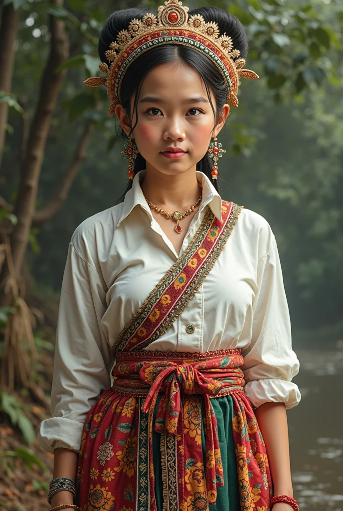 A girl，White skin，Big eyes，En plein air, Myanmar traditional costume,  Pagoda background, Myanmar