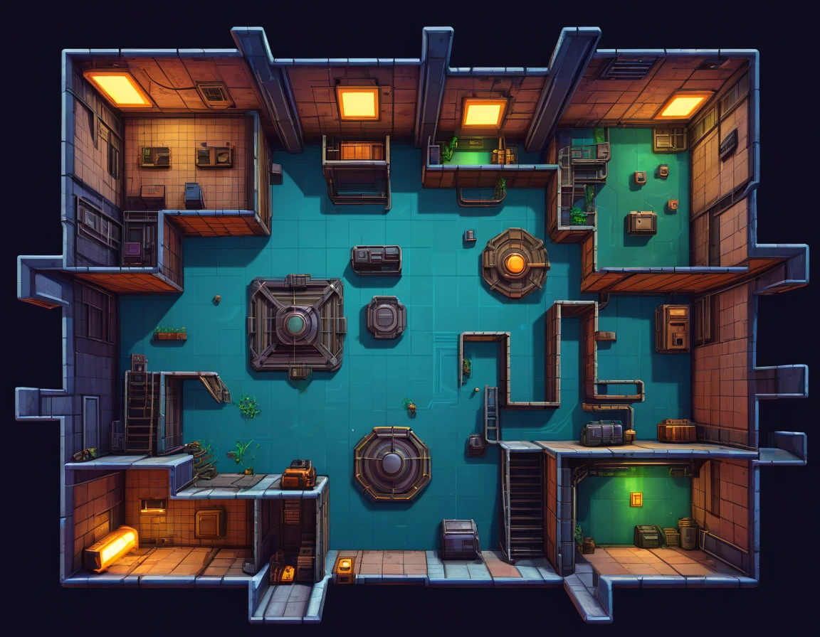 retro fps level layout, top-down map overview