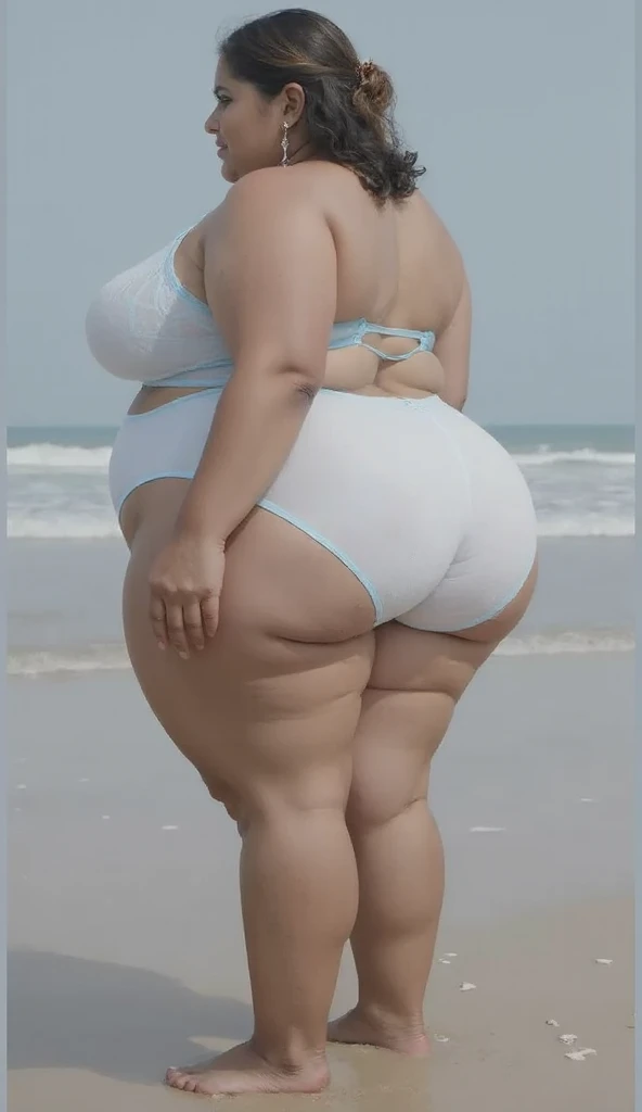 1girl, elderly,ssbbw gilf, grey hair, sexy figure, ssbbw,65-year old gilf having sex on beach , micro bikini, see through bikini, sagging breasts, underboobs, (skindentation:1.4), showing cleavage , massive ass, insanely inflated hips,very large bosum,largest haunches, cellulite,ahegao face, beach background, back view